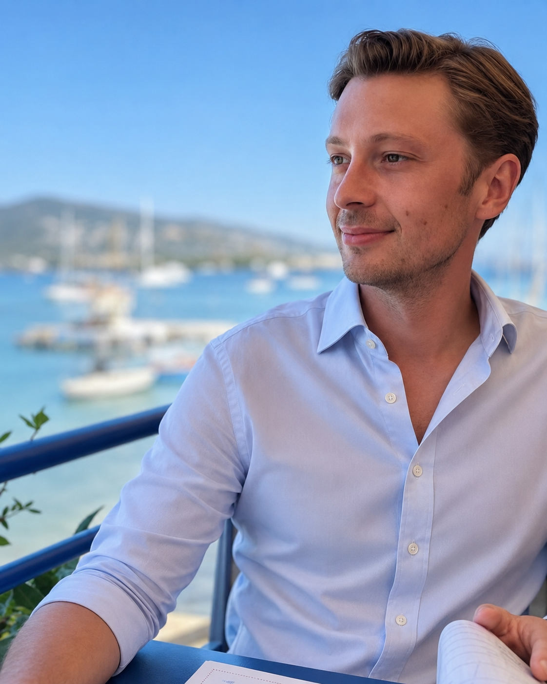 A man wearing a light blue shirt sitting outdoors near the water with boats and a hill in the background.