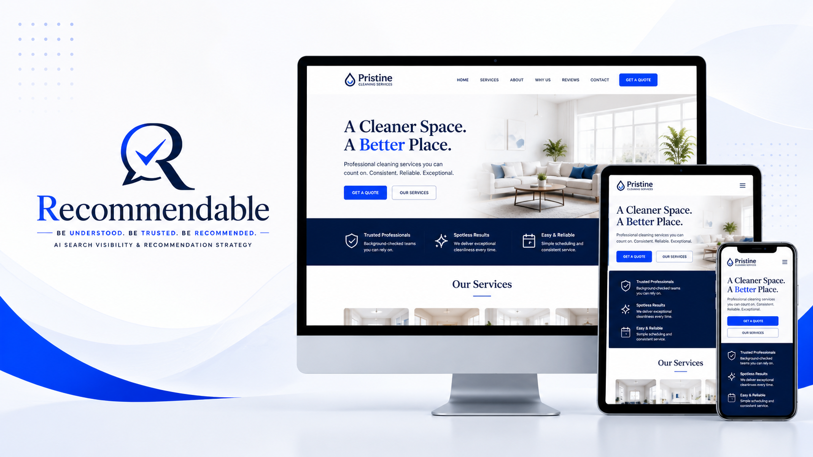 Recommendable Squarespace website design shown across desktop, tablet and mobile devices, demonstrating a responsive search-ready business website.