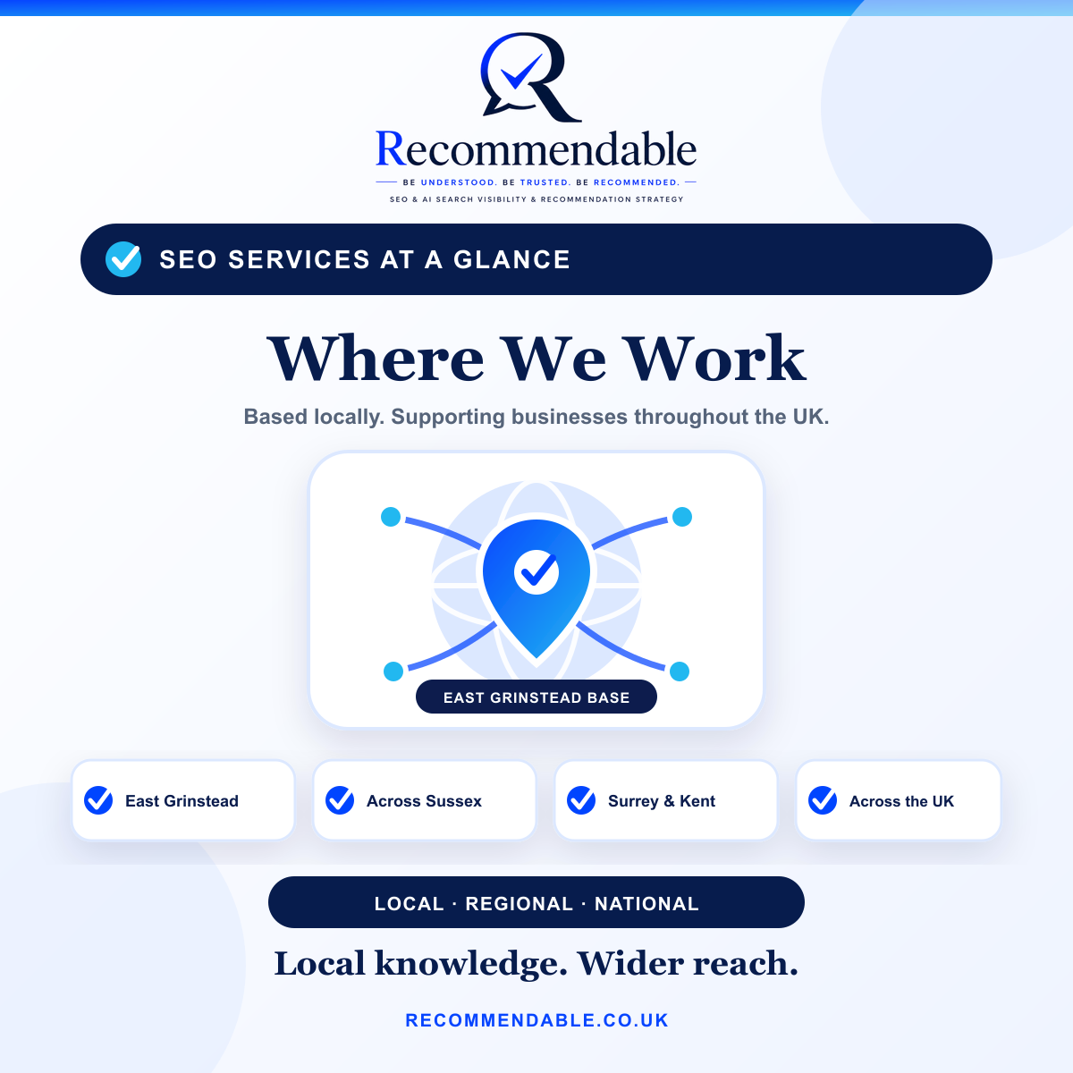 Recommendable is based in East Grinstead and provides SEO, local-search and AI-visibility support across Sussex, Surrey, Kent and the wider UK.