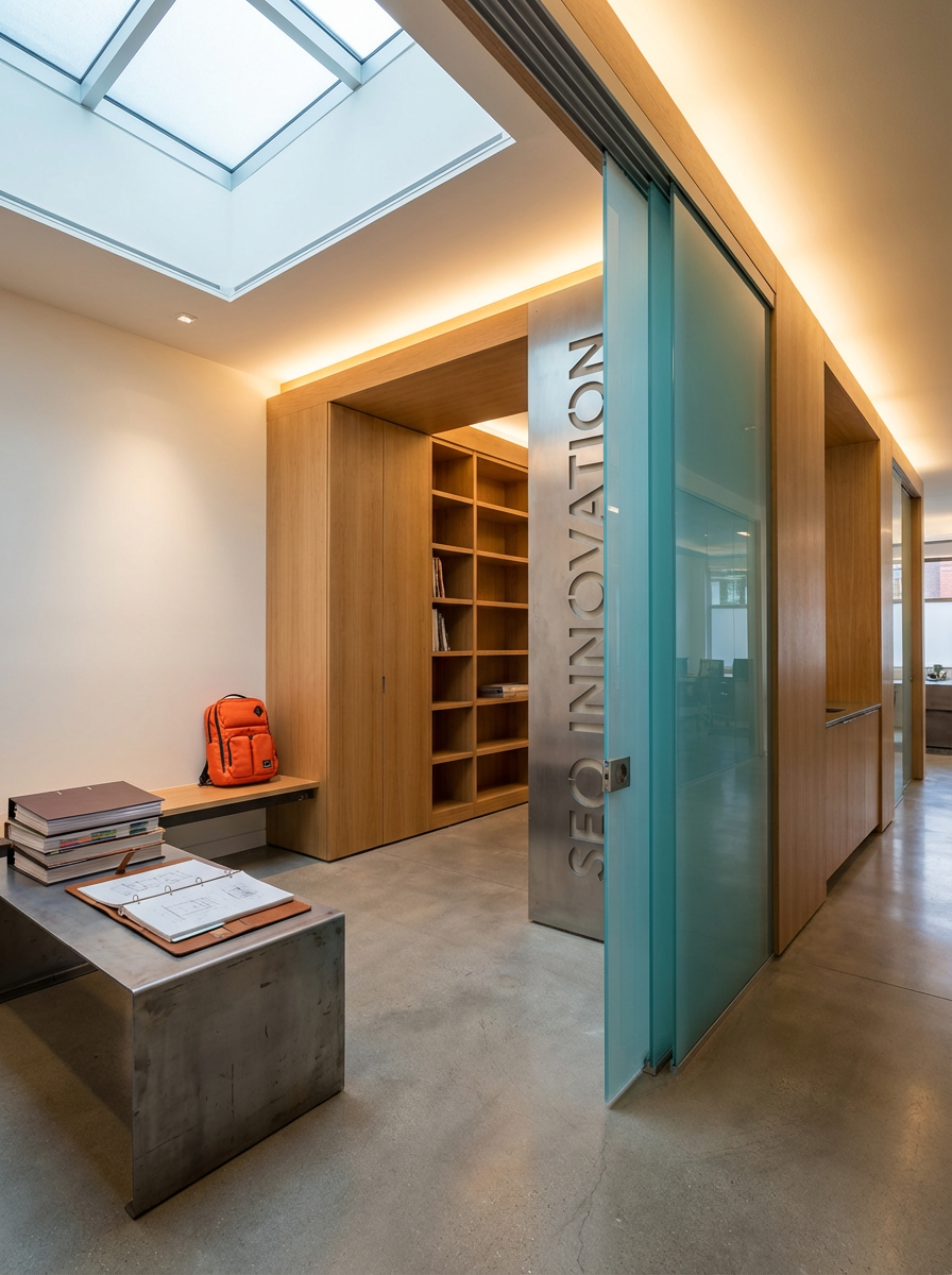 Office entrance with glass sliding door labeled 'Seating/Innovation' in a modern, minimalistic interior with wood and concrete finishes, bookshelves, and an orange backpack on a bench.
