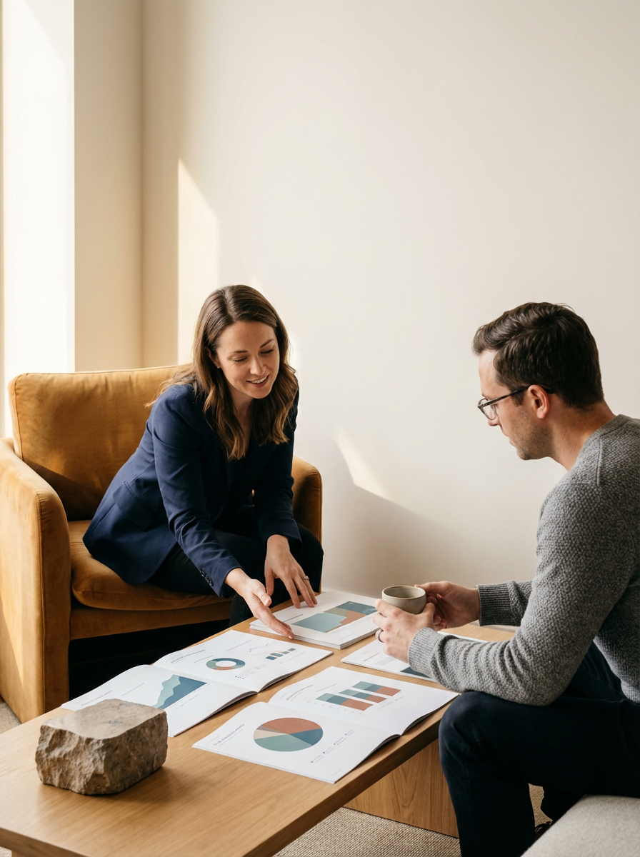 Two people having a business meeting, with documents and charts on a wooden table, in a room with natural light.