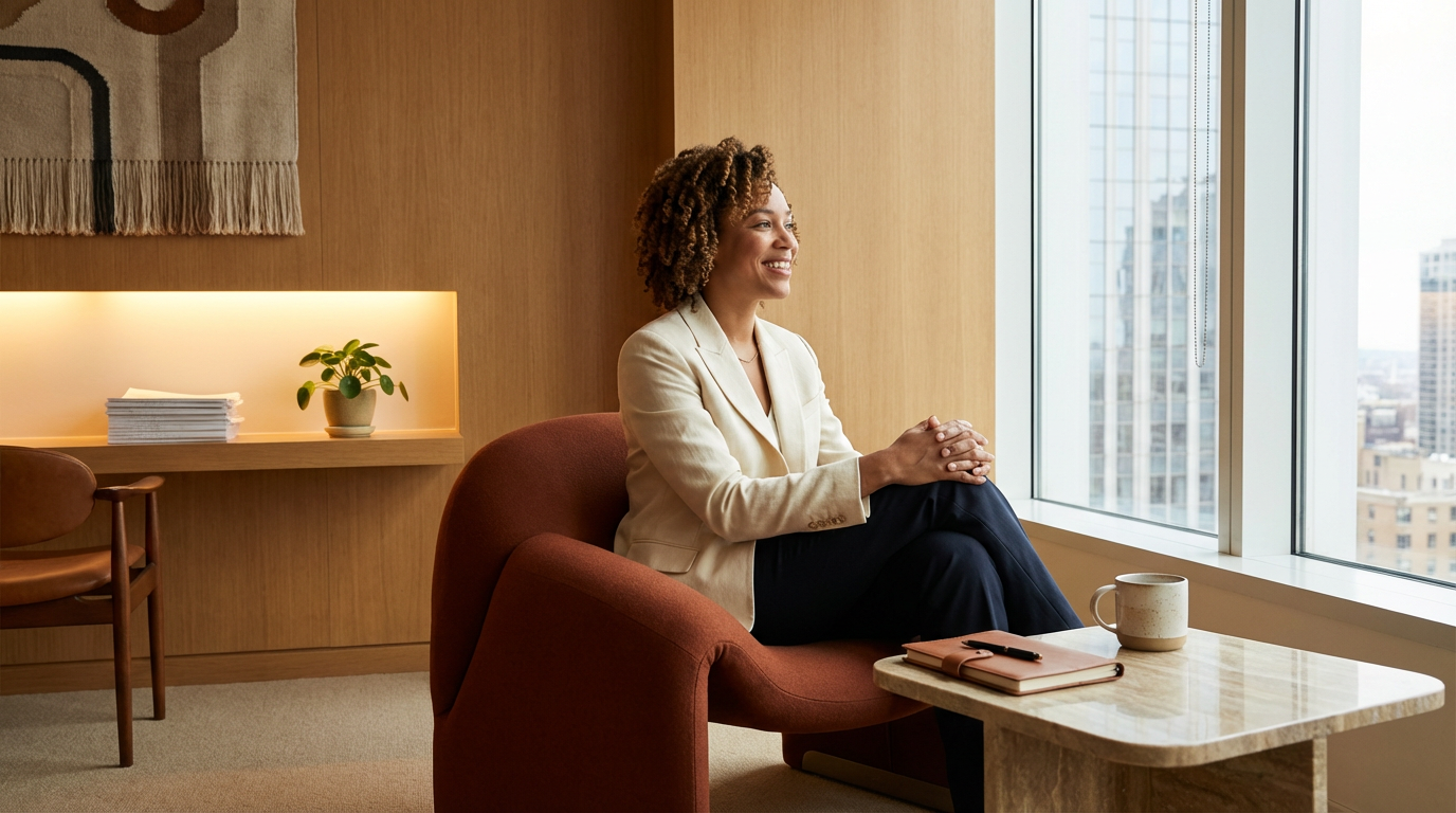 A woman is sitting on an orange armchair by a large window in a modern office or hotel room, smiling and looking outside. There is a coffee mug, a notebook, and a pen on the table in front of her. In the background, there is a small shelf with a potted plant and some stacked papers.