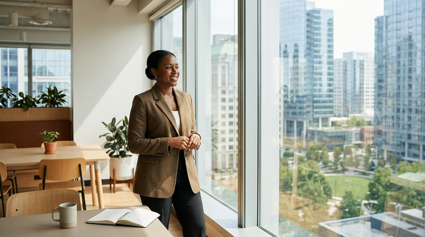 A woman in business attire standing by a large window in an office, overlooking a city with tall buildings and a park.