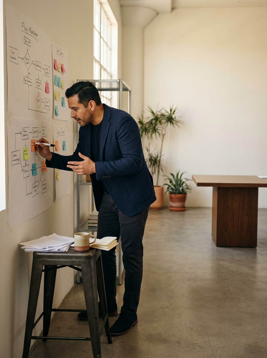 A man in a navy blazer writing on sticky notes placed on a wall with flowcharts and diagrams.