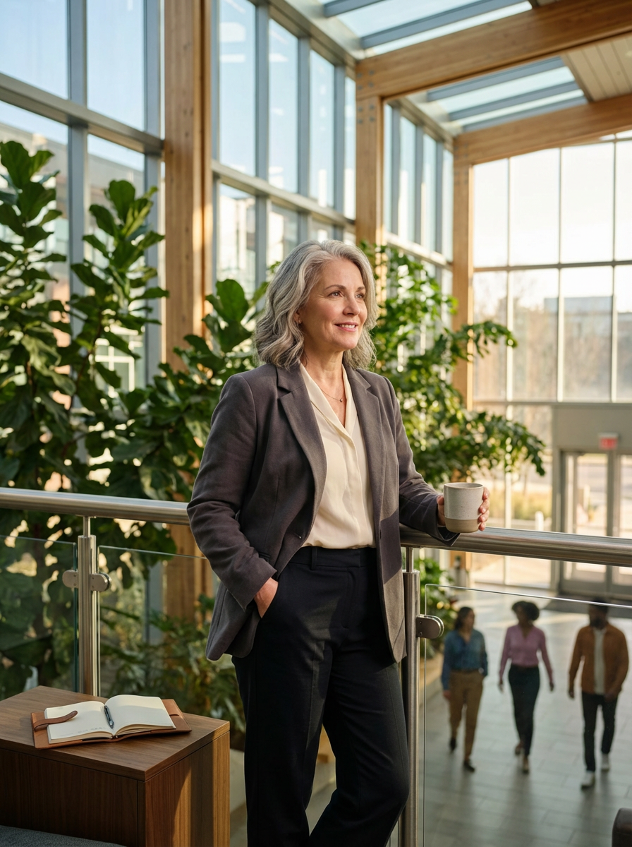 A mature woman with gray hair in a business suit, holding a coffee mug and smiling while standing in a modern, sunlit atrium with large glass windows and green plants.
