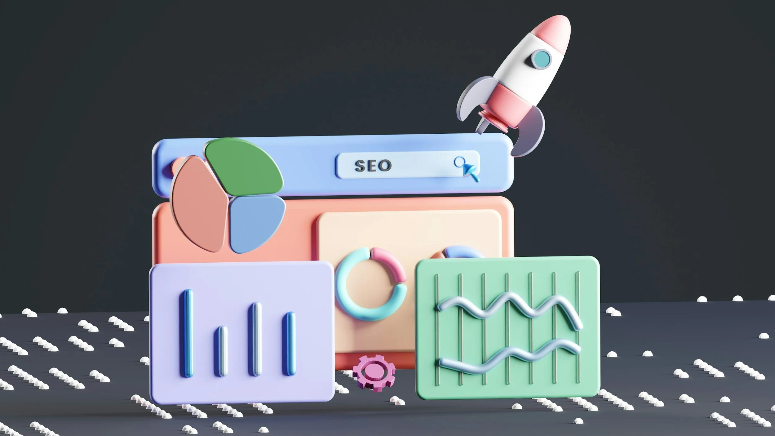 Colorful abstract 3D illustrations of graphs, charts, gears, and a rocket on a dark background with scattered white dots.