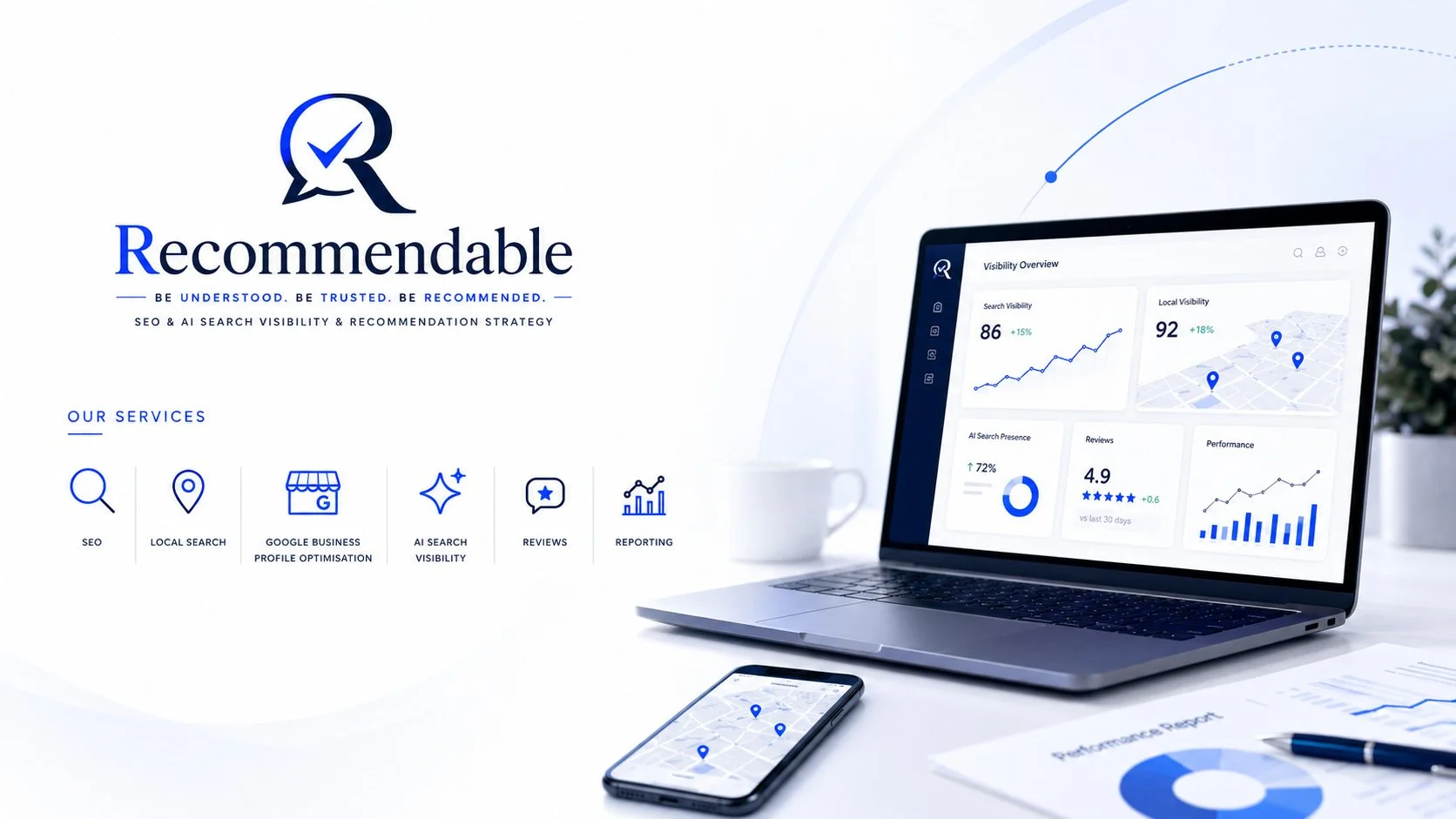 Website homepage for Recommdable showcasing SEO, local search, Google business profile optimization, AI search visibility, reviews, and reporting services, with a laptop and smartphone displaying analytics charts and maps.