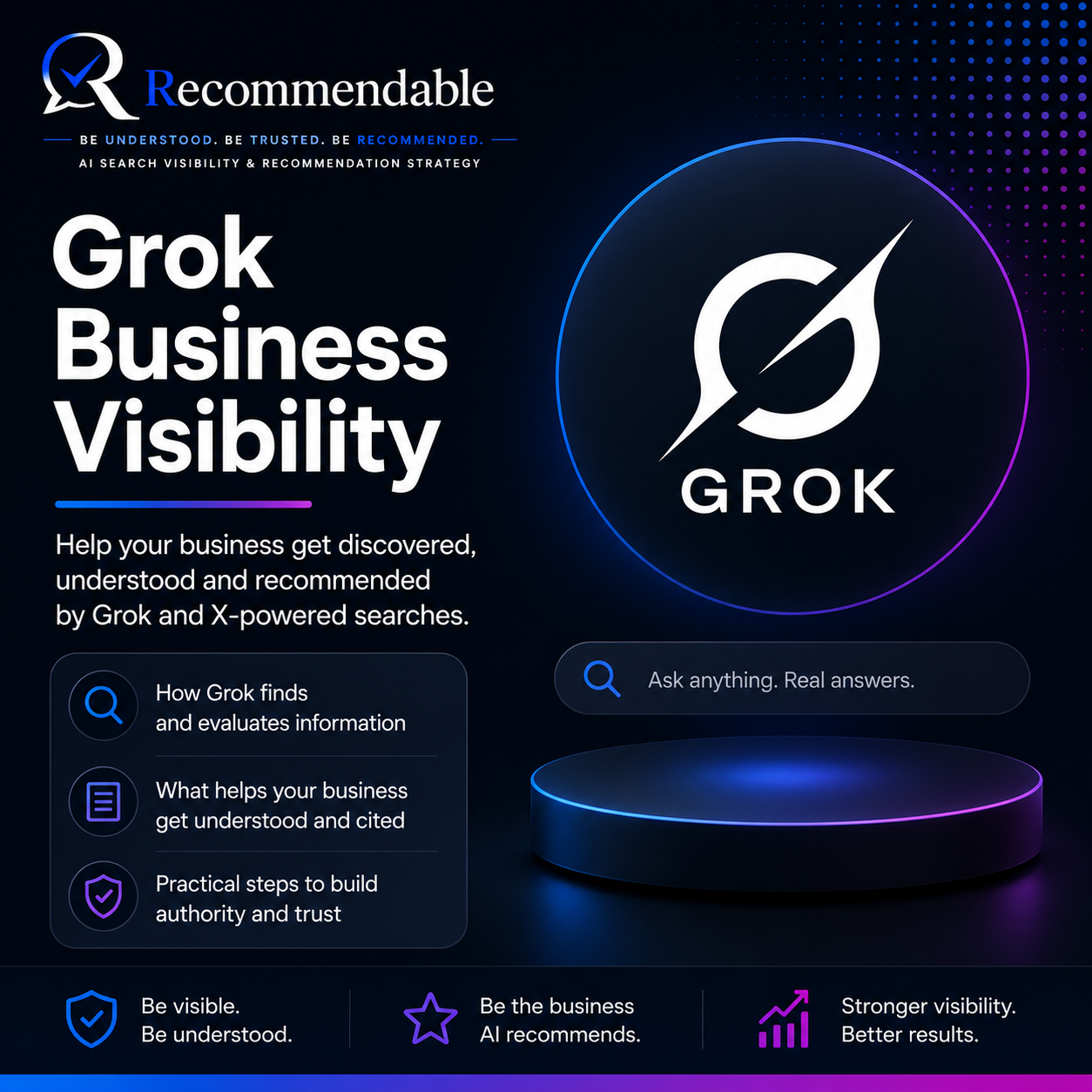 Recommendable Grok business visibility guide explaining how businesses can improve authority, trust and visibility across Grok and X-powered search.