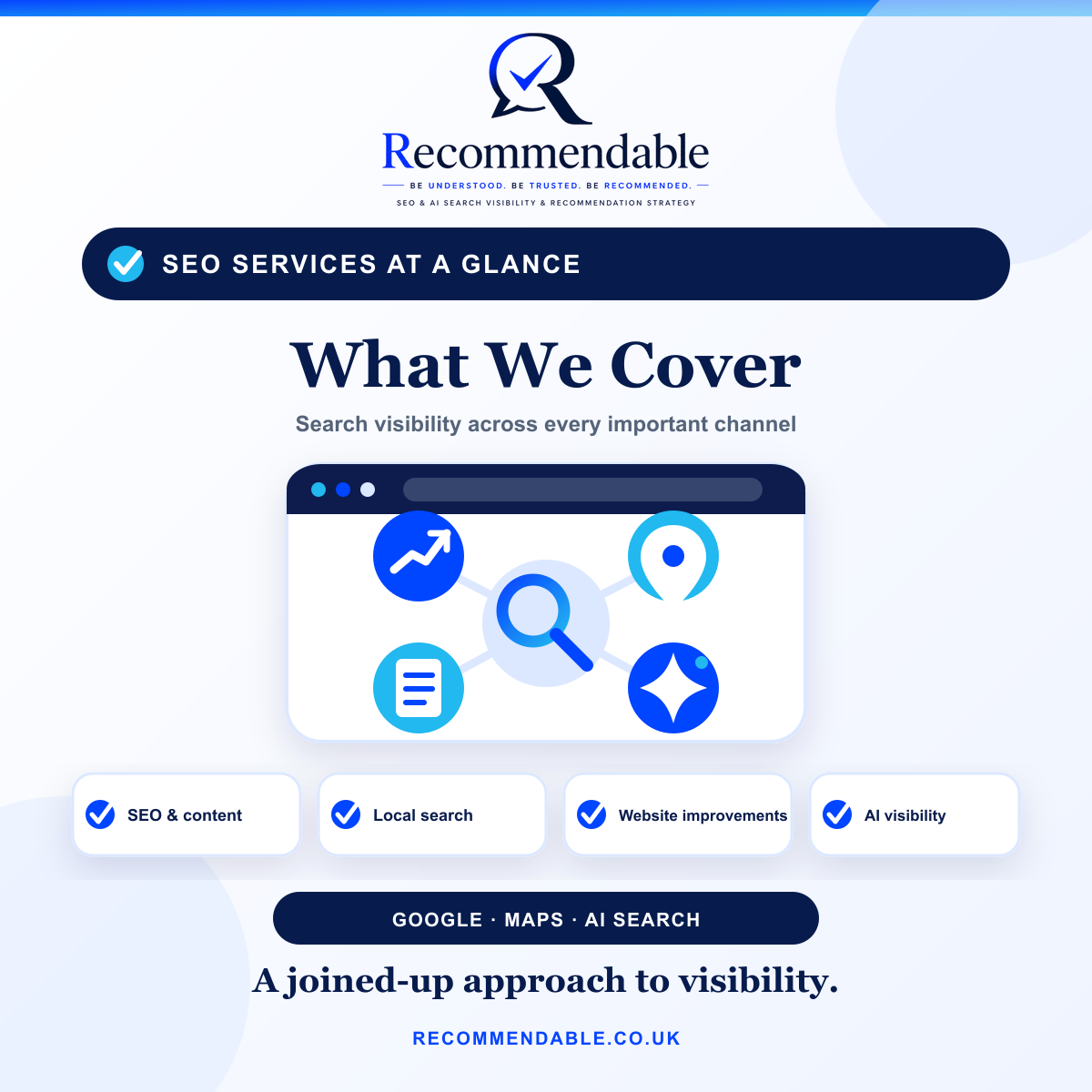 Recommendable SEO services covering SEO and content, local search, website improvements and AI search visibility.