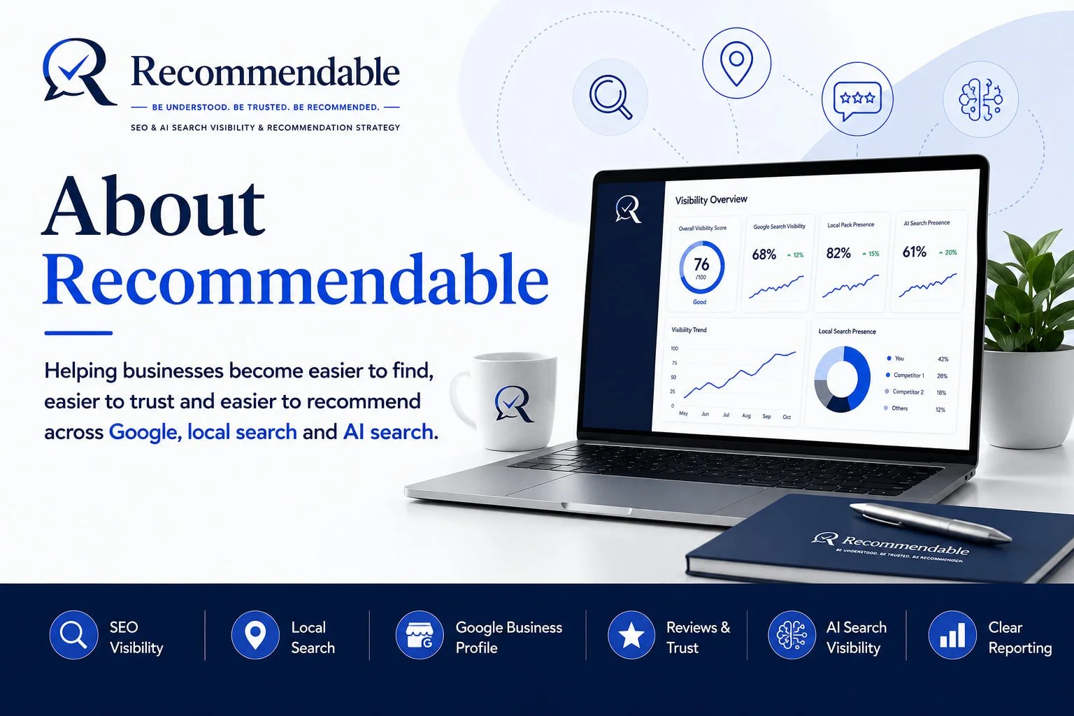 About Recommendable hero image showing SEO visibility, local search, Google Business Profile, reviews, AI search visibility and reporting services