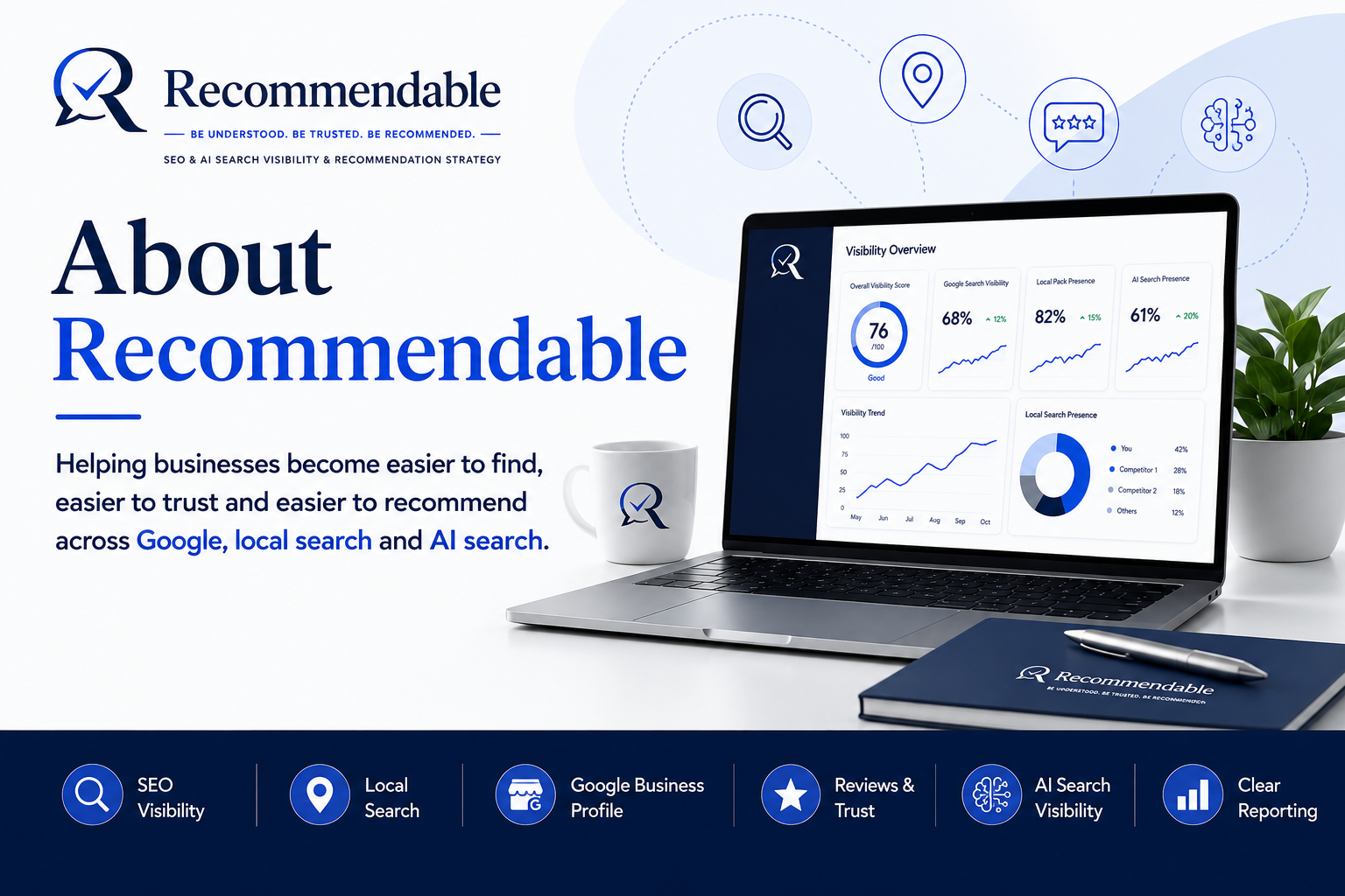 About Recommendable hero image showing SEO visibility, local search, Google Business Profile, reviews, AI search visibility and reporting services