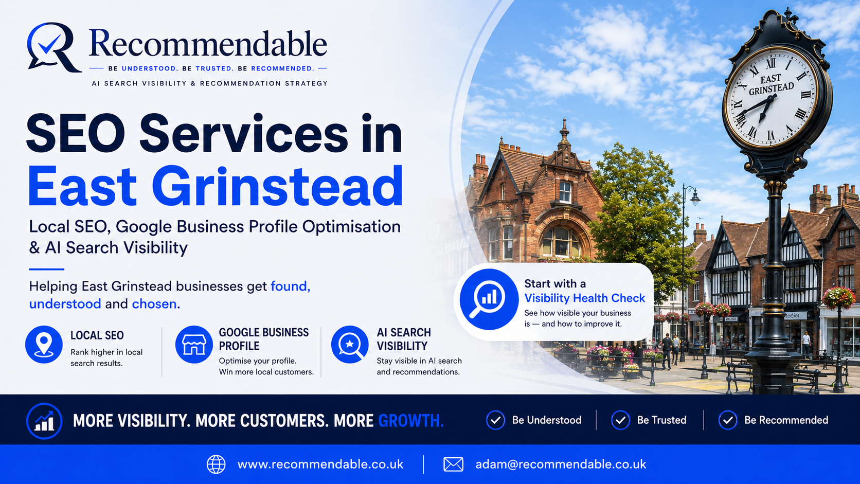Recommendable SEO services for East Grinstead businesses, including local SEO, Google Business Profile optimisation and AI search visibility.