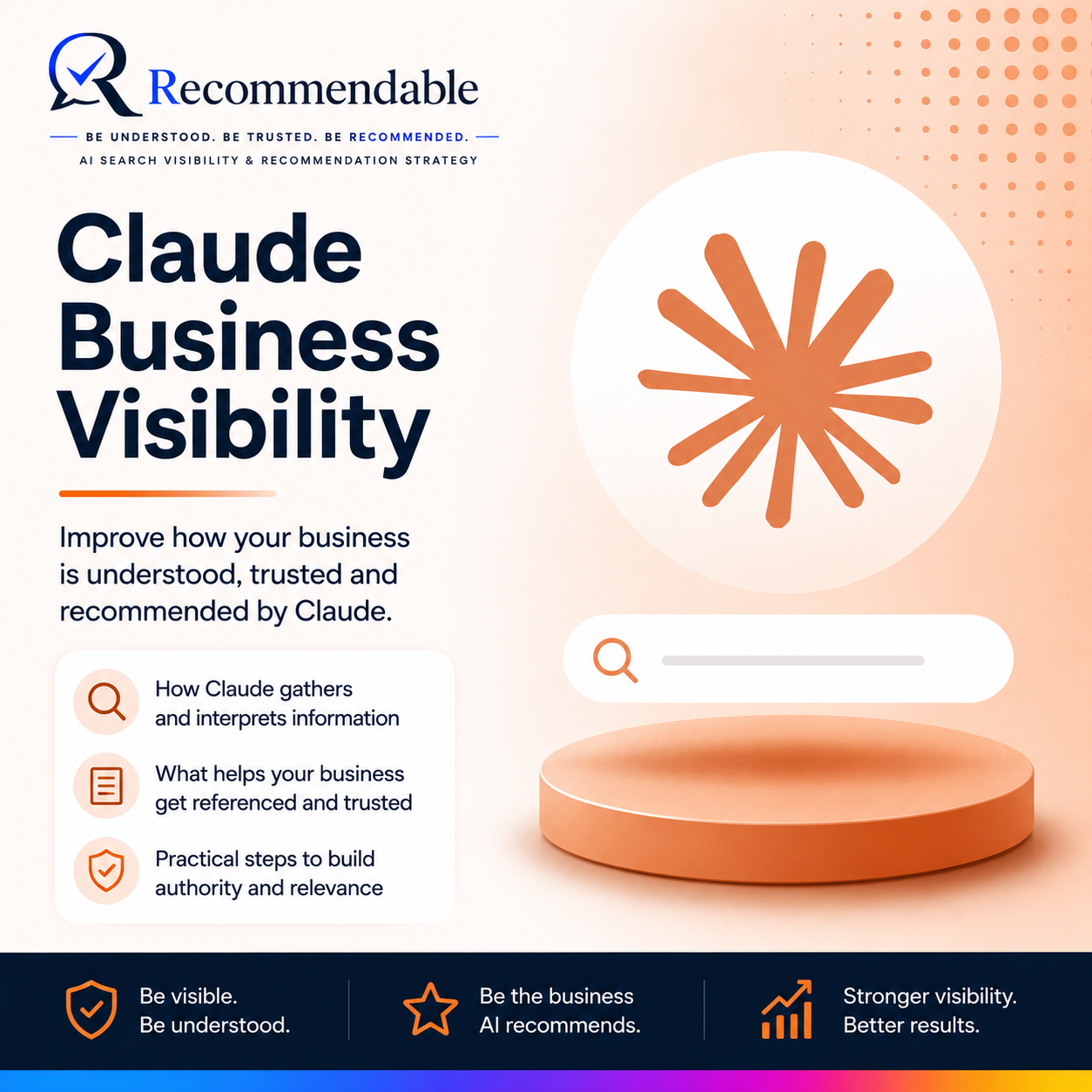 Recommendable Claude business visibility guide explaining how businesses can improve authority, relevance and their chances of being understood and referenced by Claude.