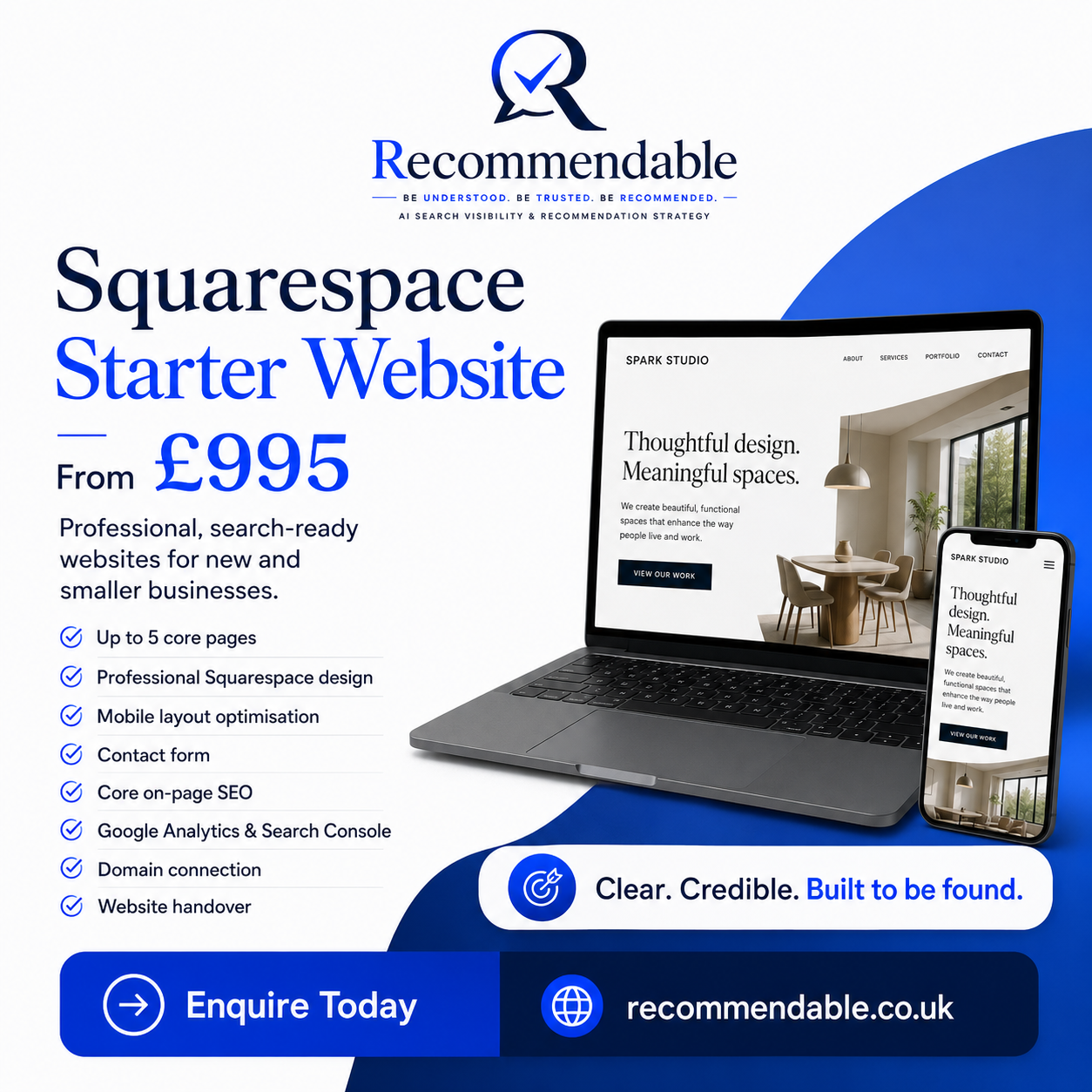 Recommendable Squarespace Starter Website package graphic showing a professional website mockup, pricing from £995 and key features for new and smaller businesses.
