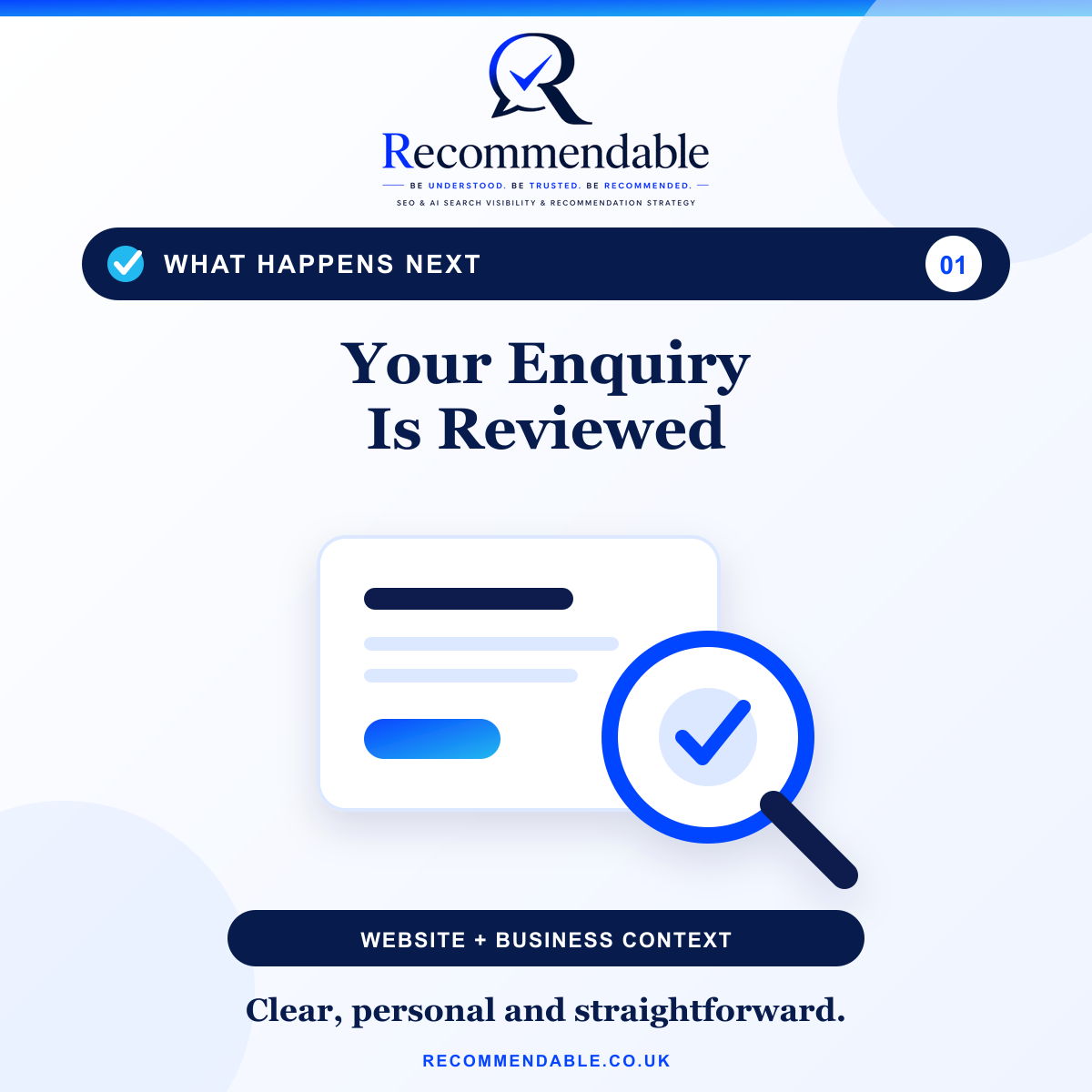 Recommendable contact process showing the first step, where Adam reviews the customer’s enquiry, website and business context.