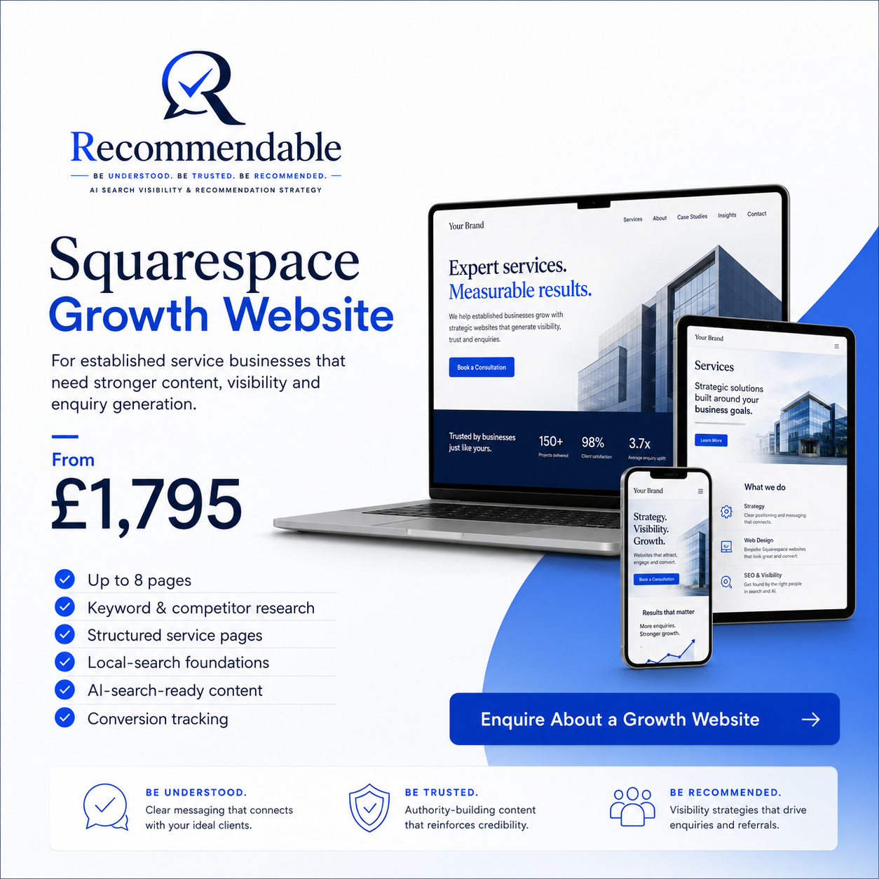 Recommendable Squarespace Growth Website package graphic showing a responsive business website across desktop, tablet and mobile, priced from £1,795 with SEO, local-search and conversion features.