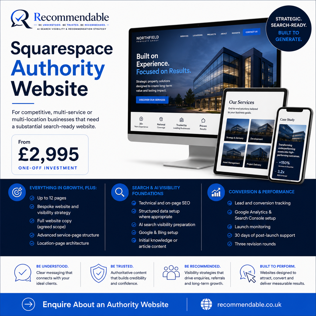 Recommendable Squarespace Authority Website package graphic showing a responsive multi-location business website across desktop, tablet and mobile, priced from £2,995 with advanced SEO, AI visibility and conversion features.