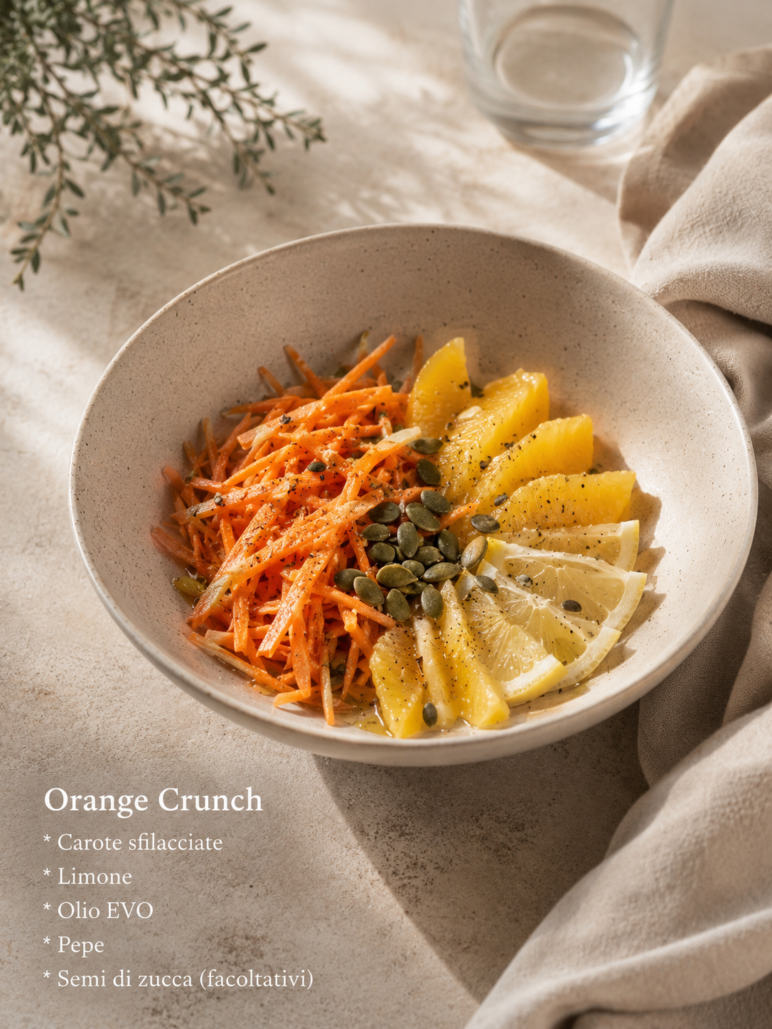 A bowl of salad with shredded carrots, lemon wedges, pumpkin seeds, and possibly squash seeds on top, served on a beige surface with a transparent glass of water and some greenery in the background.