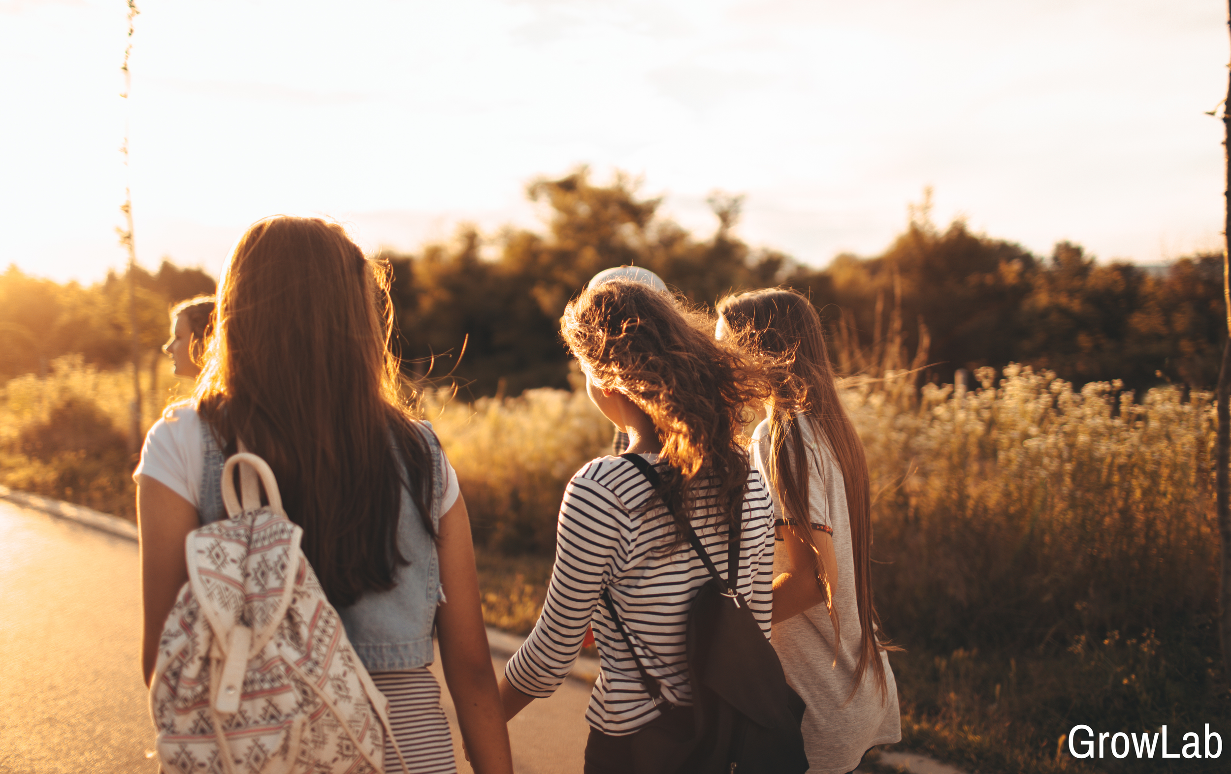 Four young women standing outdoors during sunset, facing each other, with some holding hands or touching. They are dressed casually, with backpacks, and are surrounded by trees and a clear sky.