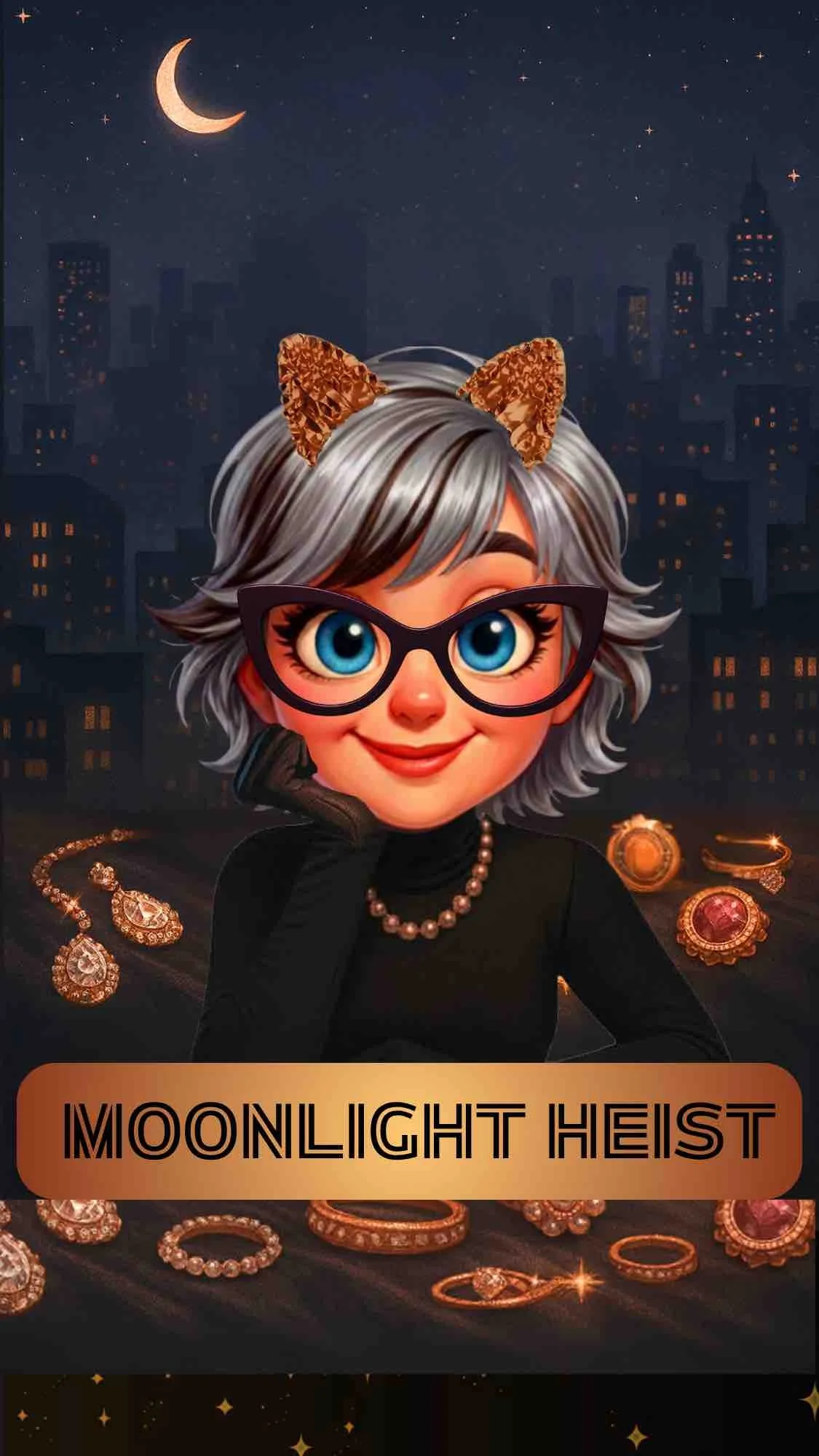 Playful illustrated woman wearing cat-ear accessories and jewelry against a nighttime city backdrop for the Moonlight Heist event.