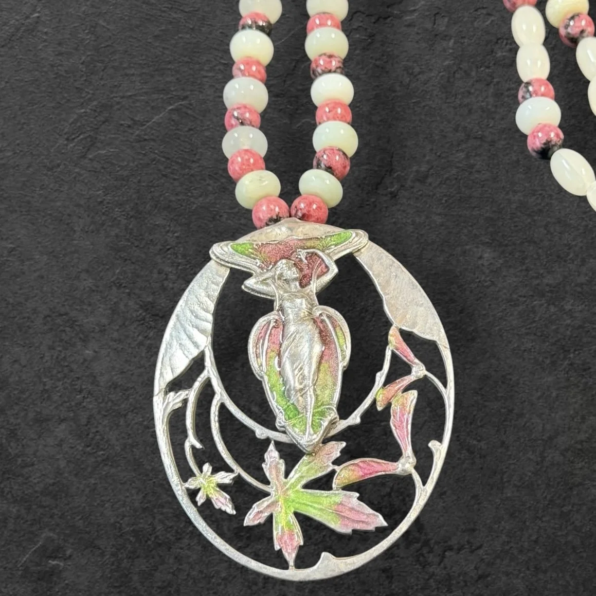 JL21 Jess Lelong Art Nouveau Nymph Oval Pendant Necklace - Silverplate with Pink and White Glass Beads 18" Strand