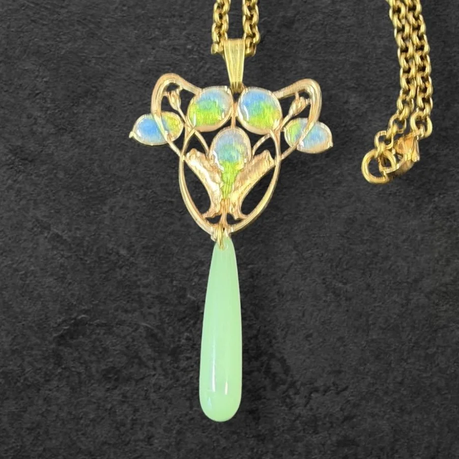 JL6 Jess Lelong Art Nouveau Dainty Floral Pendant Necklace - Demi-rouge with Blue and Yellow-Green UV Resin Enamel and Green Acrylic Drop 18" chain