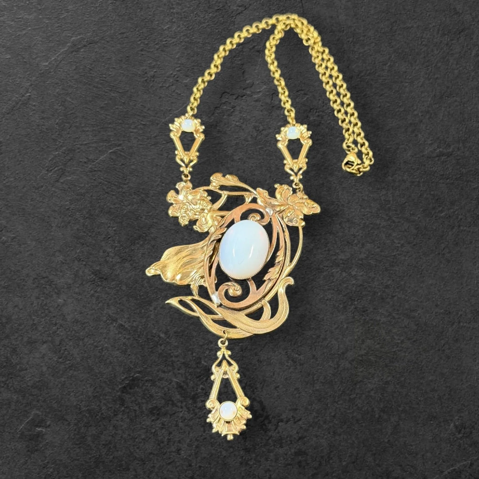 JL26 Jess Lelong Art Nouveau Pendant Necklace - Demi-rouge with Opaline Cabochons and Teardrop 17" Chain with 4.25 Pendant