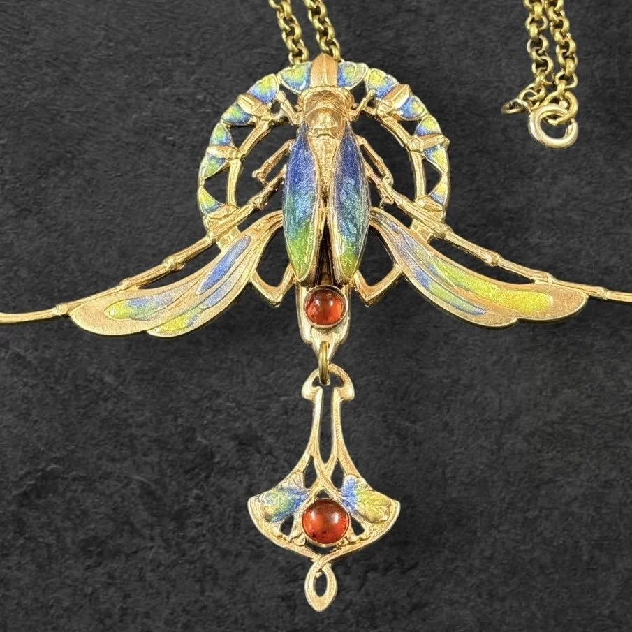 JL12 Jess Lelong Art Nouveau Stylized Cicada Pendant Necklace - Demi-rouge with Amber Cabochon & Teardrop 18" Chain