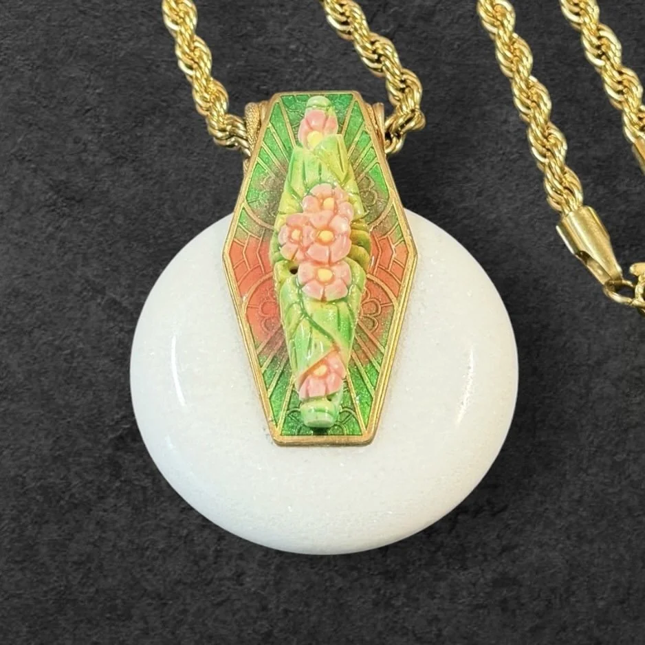 JL23 Jess Lelong Stone Disc Necklace - Demi-rouge with White Serpentine Disc Pendant, UV Resin Enamel Plate, and Dyed Bone Detail 18" chain