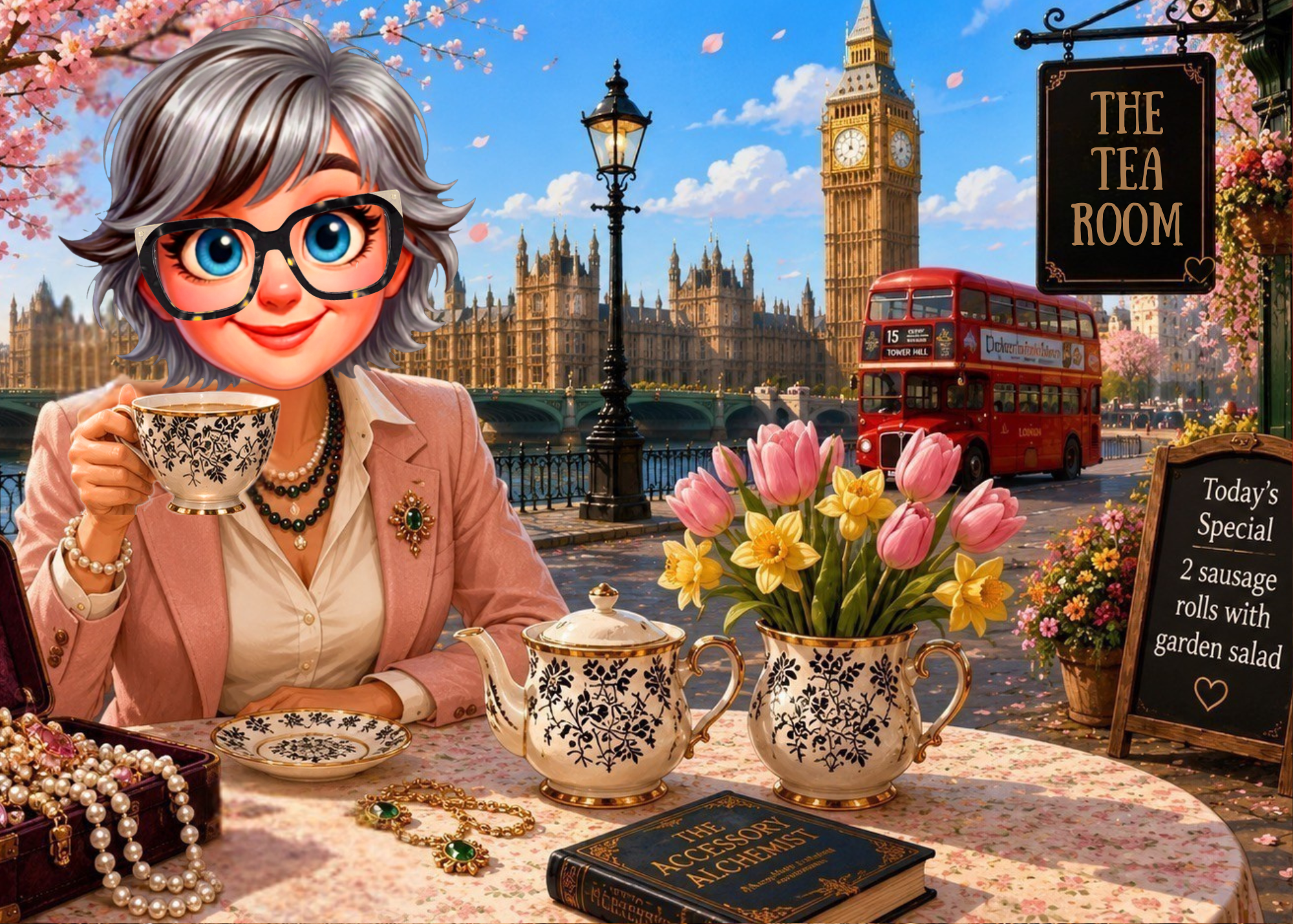 Illustrated woman enjoying afternoon tea with vintage jewelry near Big Ben and the Houses of Parliament in London.