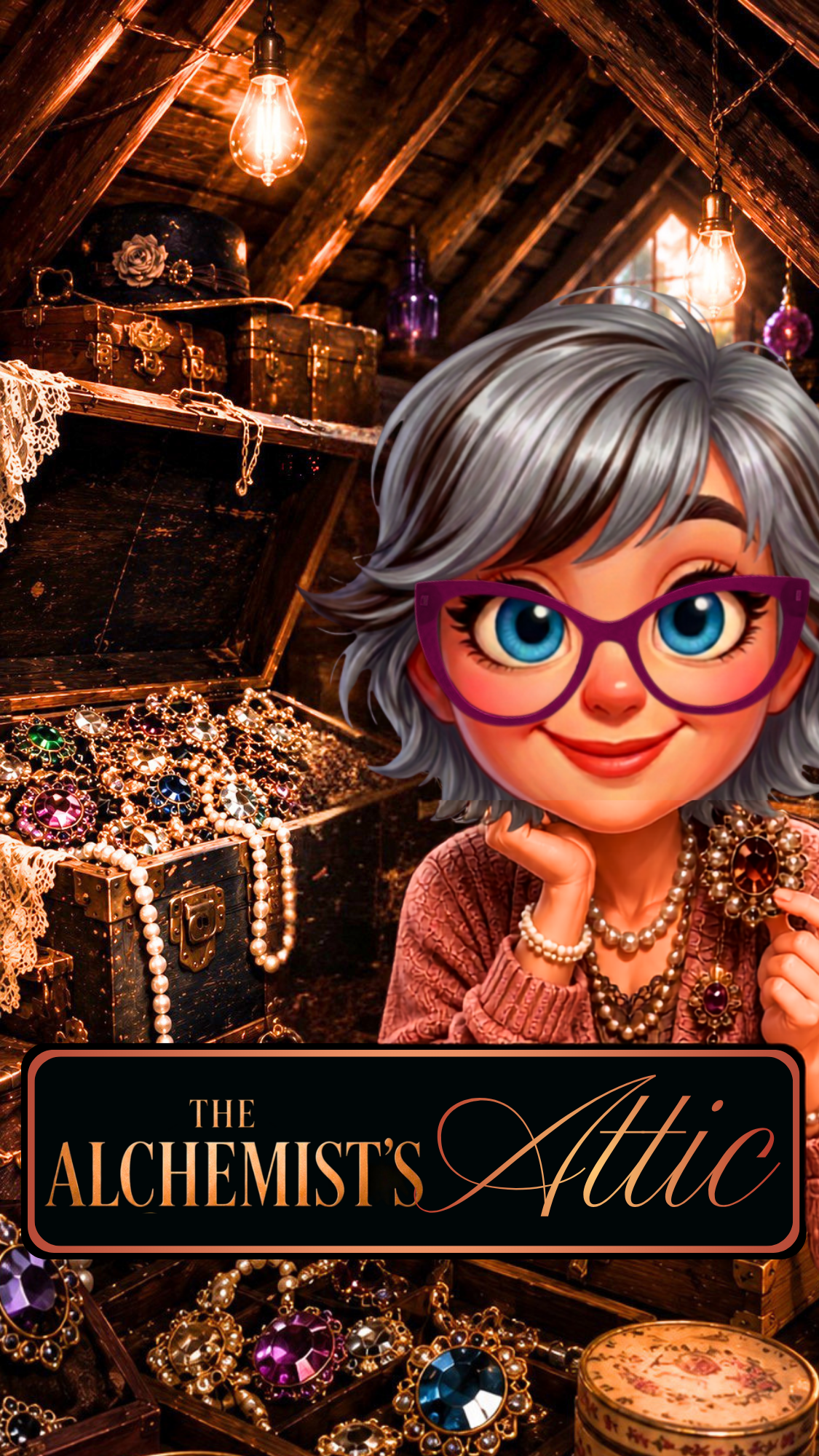 Whimsical illustrated woman with glasses surrounded by vintage jewelry and treasure chests, representing The Alchemist's Attic shopping experience.