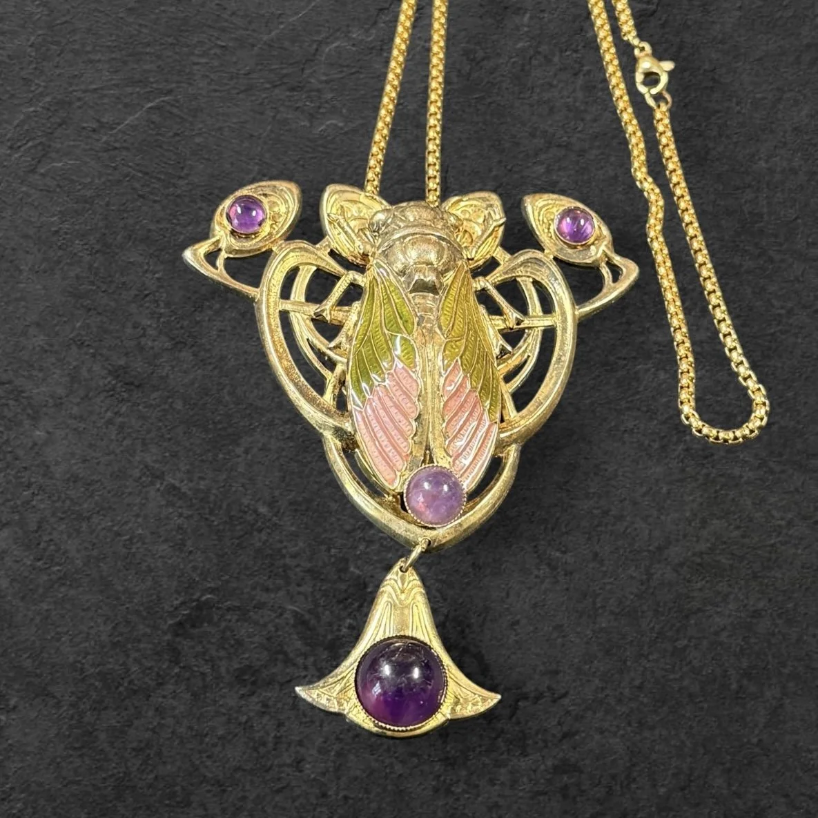 JL17 Jess Lelong Cicada Pendant Necklace - Demi-rouge with Green and Pink Enamel and Amethyst Cabochons