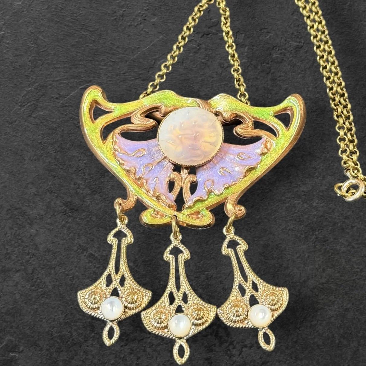 JL22 Jess Lelong Art Nouveau Lily Pendant Drop Necklace - Demi-rouge with Czech Glass & Opaline Cabochons and Green/Lilac UV Resin Enamel 18" chain