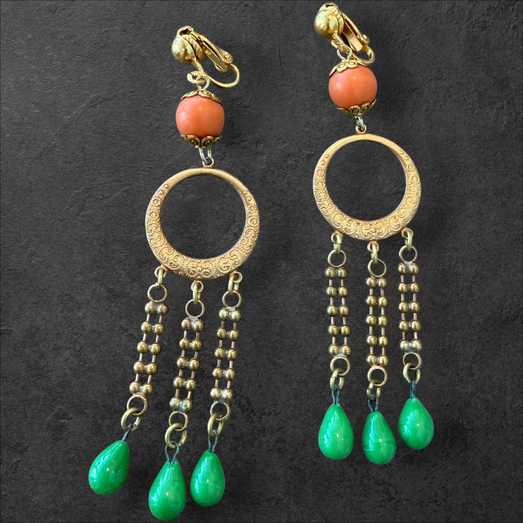 JL66  Jess Lelong Triple Drop Earrings - Demi-rouge with Coral Celluloid Balls and Czech Peking Glass Teardrop