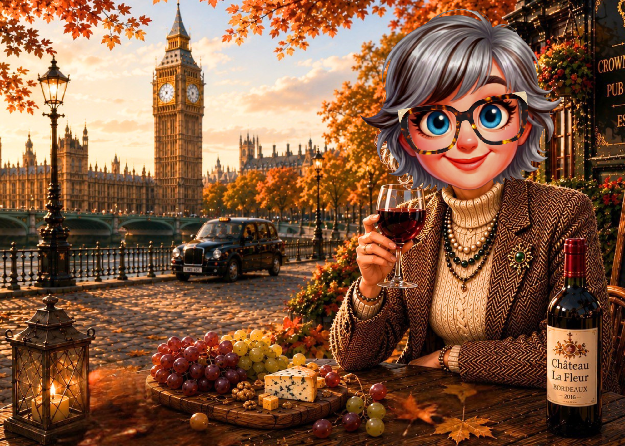 Illustrated woman enjoying wine and jewelry treasures with Big Ben and autumn scenery along the River Thames.