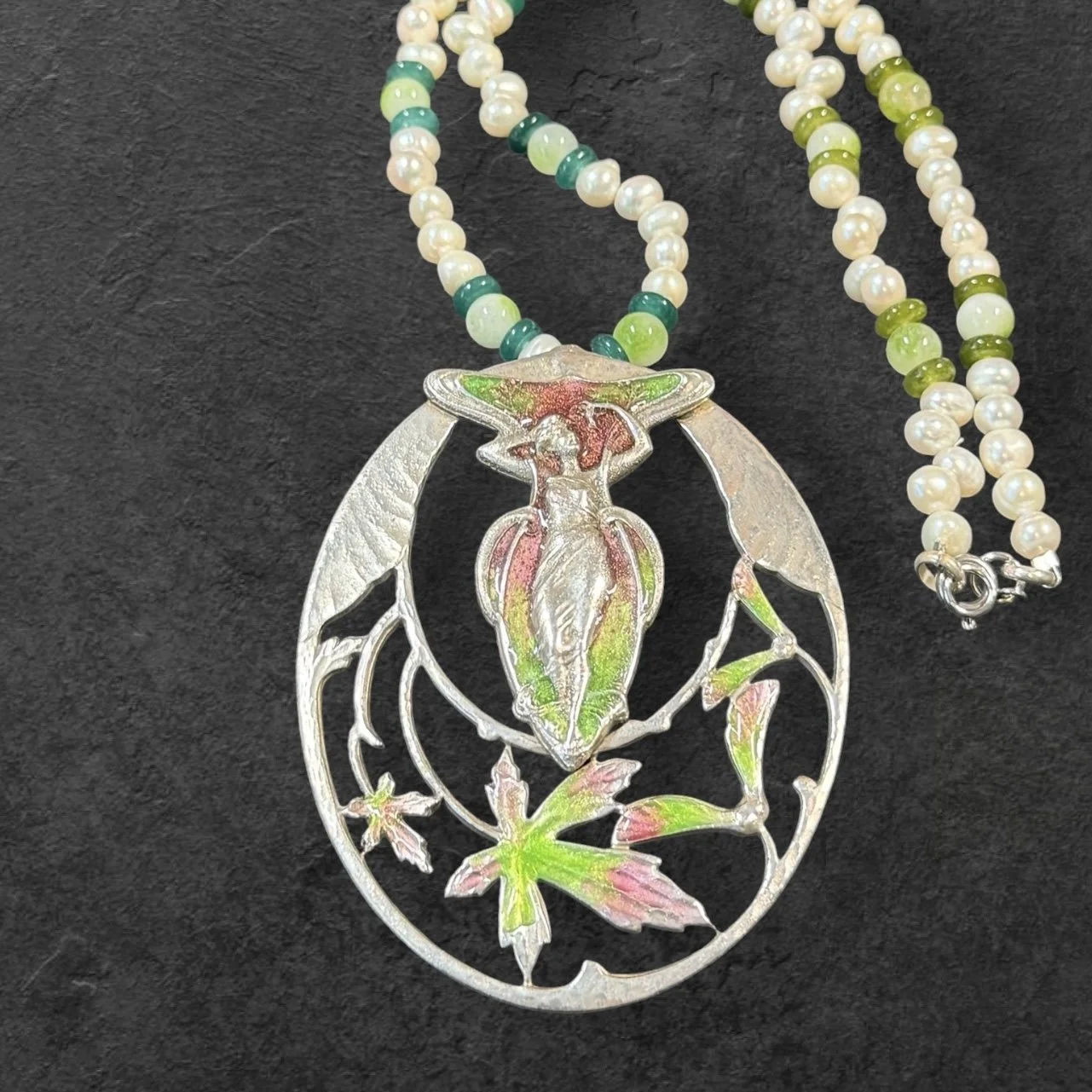 JL27 Jess Lelong Art Nouveau Nymph Oval Pendant Necklace - Silverplate with Jadeite Beads and Freshwater Pearls Beads 18" Strand