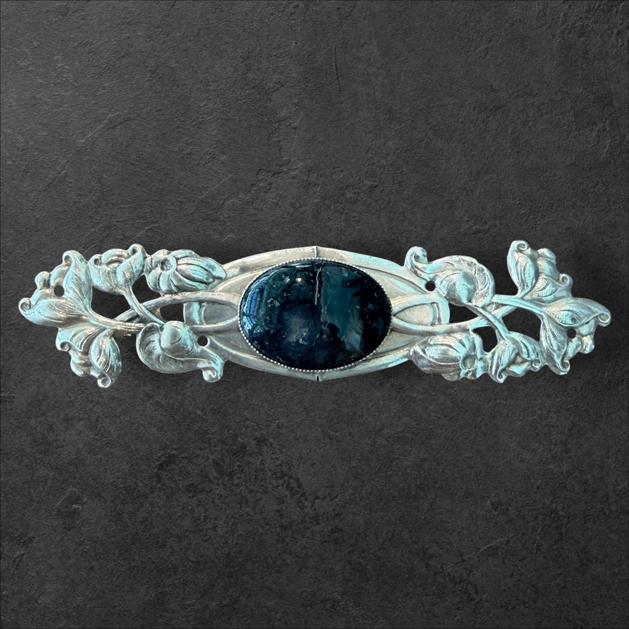 JL46 Jess Lelong Art Nouveau Floral Brooch - Silverplate with Green Accent Stone