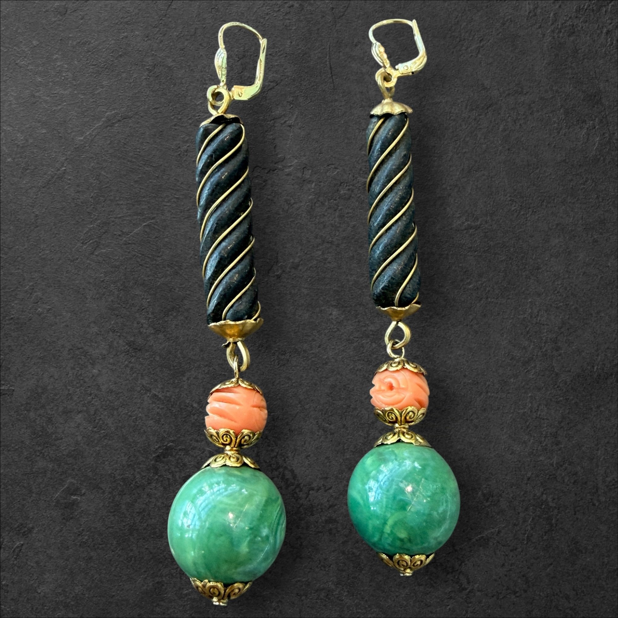 JL60 Jess Lelong Long Drop Earrings - Demi-rouge with Black Barley Twist, Coral Celluloid and Green Acrylic Balls