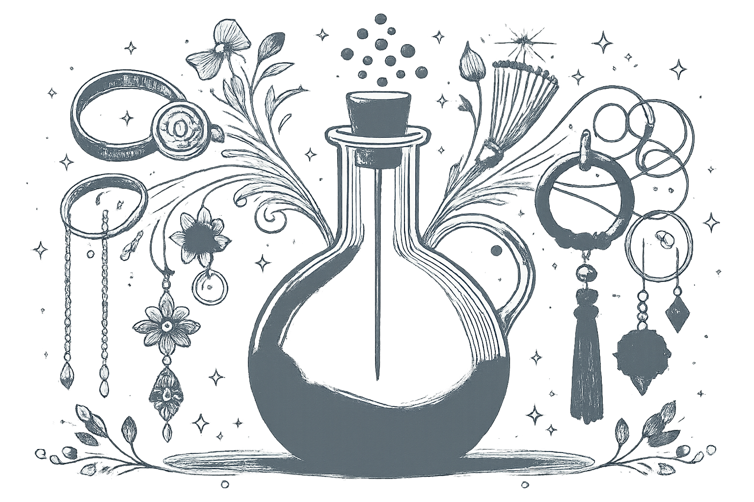 Vintage-inspired illustration of a glass alchemy bottle surrounded by jewelry, floral motifs, and sparkling treasures representing The Accessory Alchemist brand.