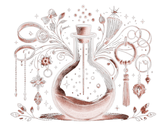 Vintage-inspired illustration of a glass alchemy bottle surrounded by jewelry, floral motifs, and sparkling treasures representing The Accessory Alchemist brand.