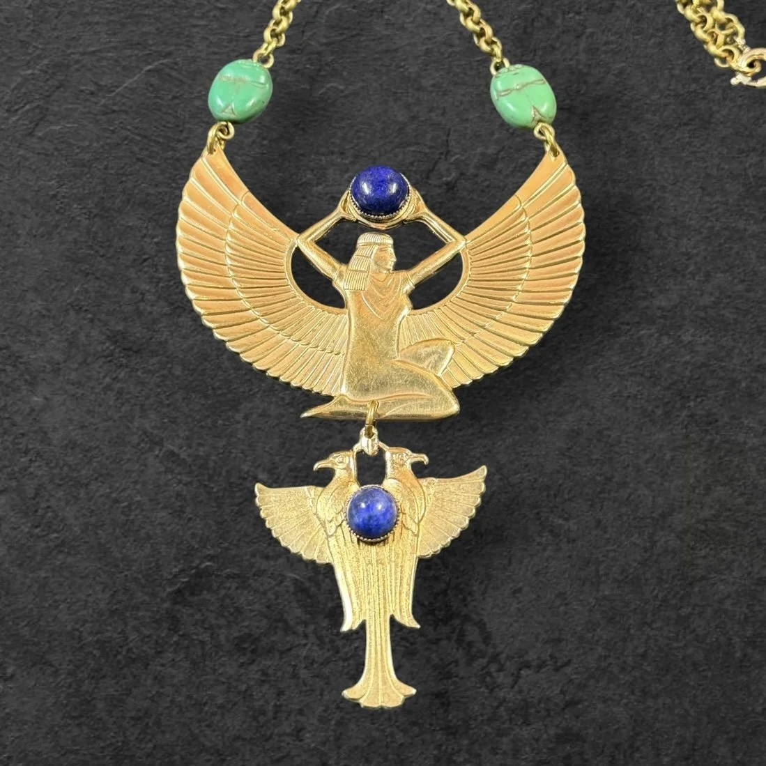 JL29 Jess Lelong Egyptian Revival Beaded Necklace - Demi-rouge with Neiger Bros Scarabs and Lapis Lazuli 17" chain w/4.5" pendant