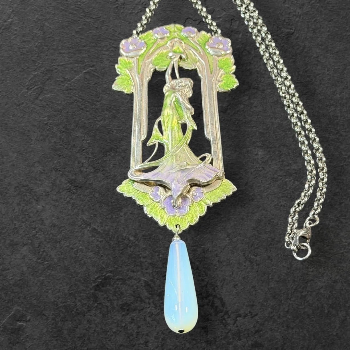 JL13 Jess Lelong Art Nouveau Nymph Pendant Necklace - Silverplate with Oplaine Teardrop and Green and Lilac UV resin Enamel