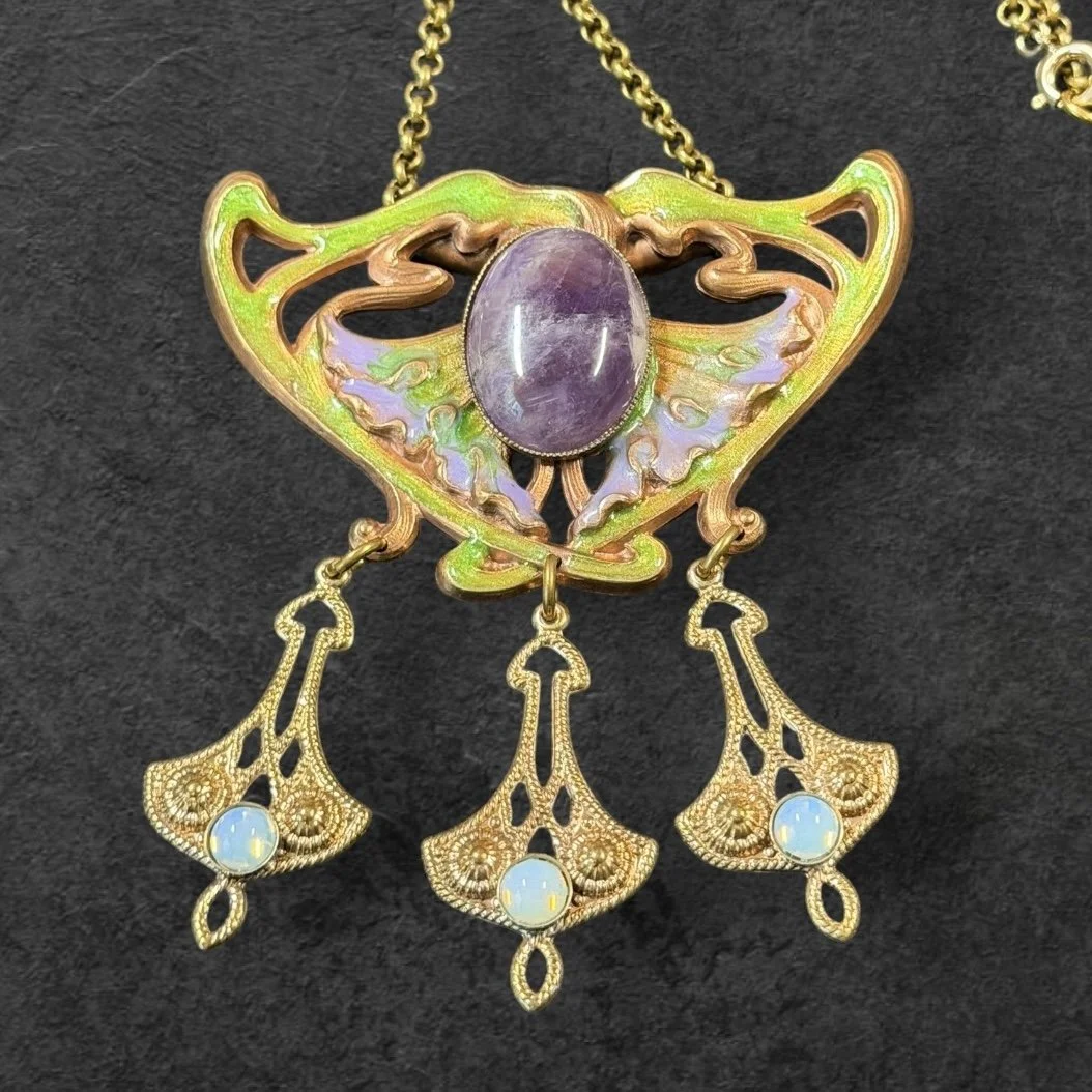 JL24 Jess Lelong Art Nouveau Lily Pendant Drop Necklace - Demi-rouge with Amethyst and Opaline Cabochons and Green and Lilac UV Resin Enamel 18" chain