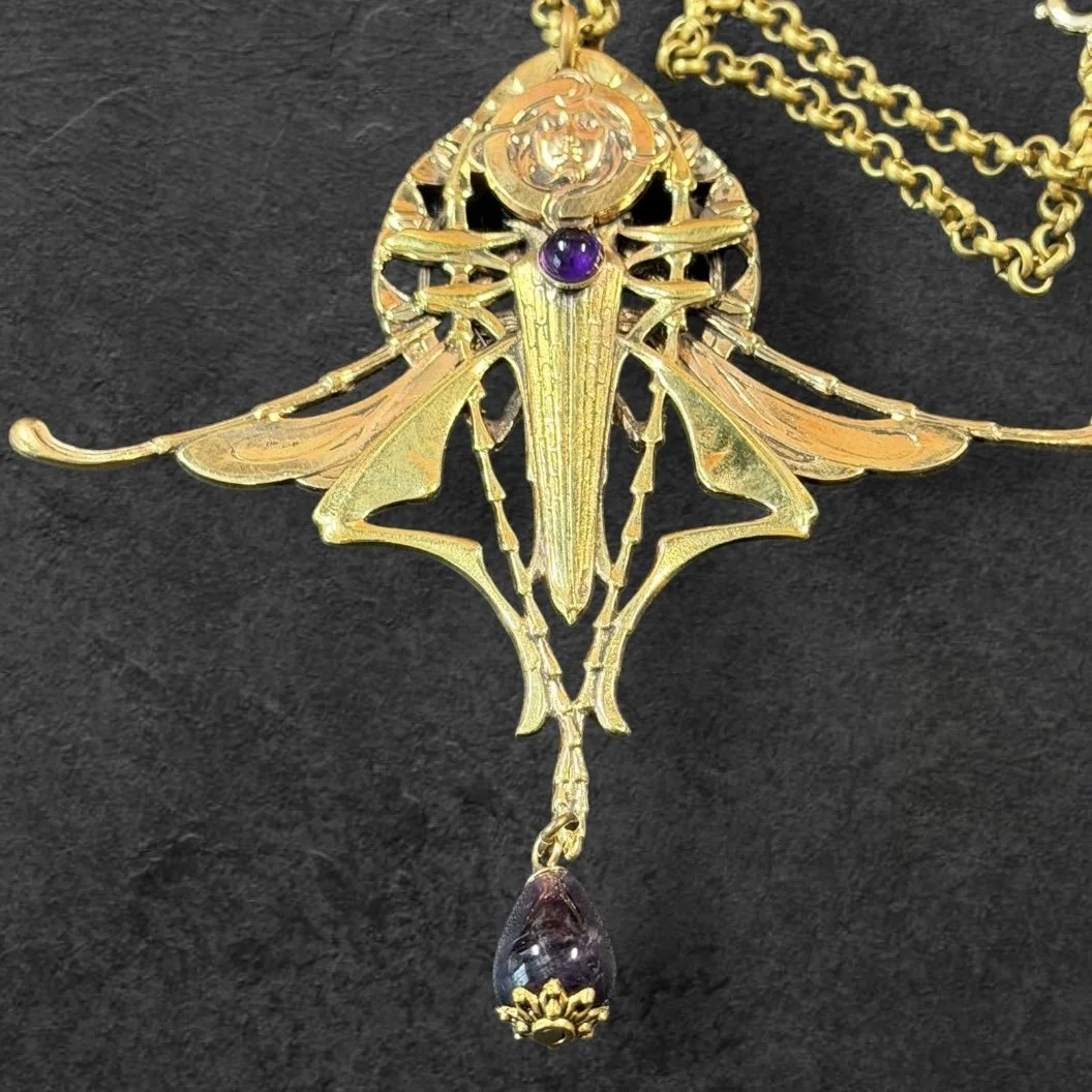 JL18 Jess Lelong Art Nouveau Grasshopper Lady Pendant Necklace - Silverplate with Amethyst Cabochon and Teardrop