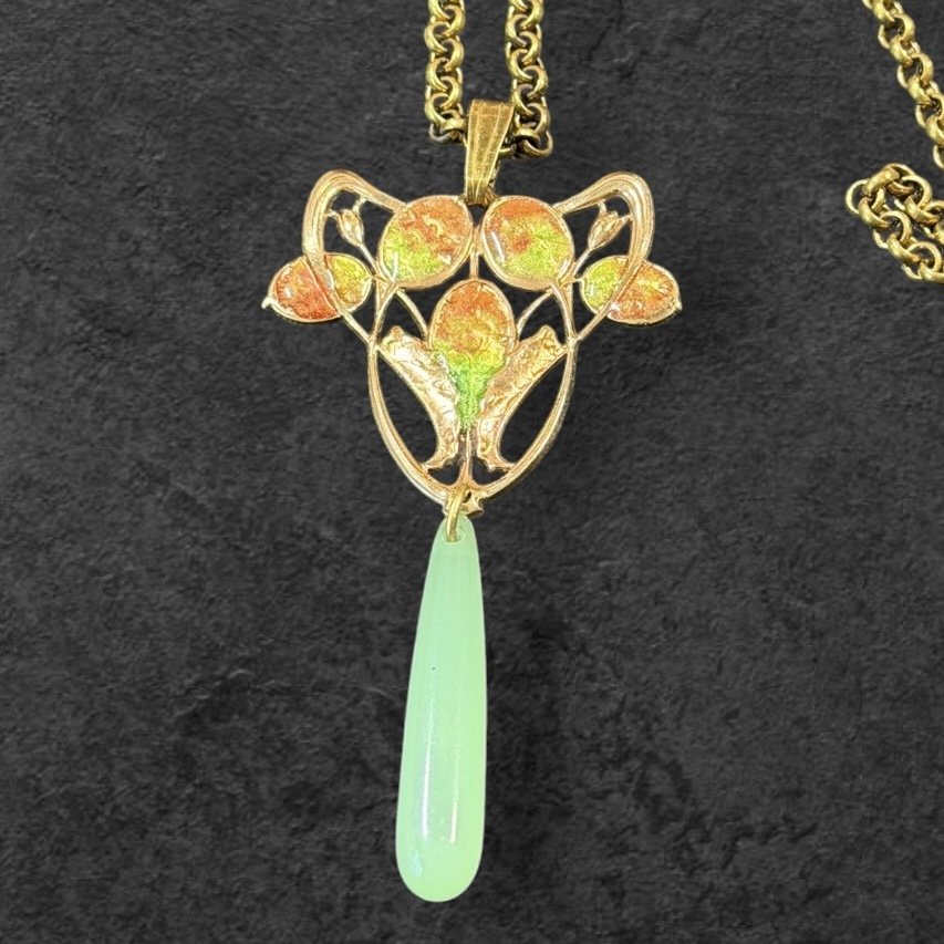 JL3 Jess Lelong Art Nouveau Dainty Floral Pendant Necklace - Demi-rouge with Pink and Yellow-Green UV Resin Enamel and Green Acrylic Drop 18" chain