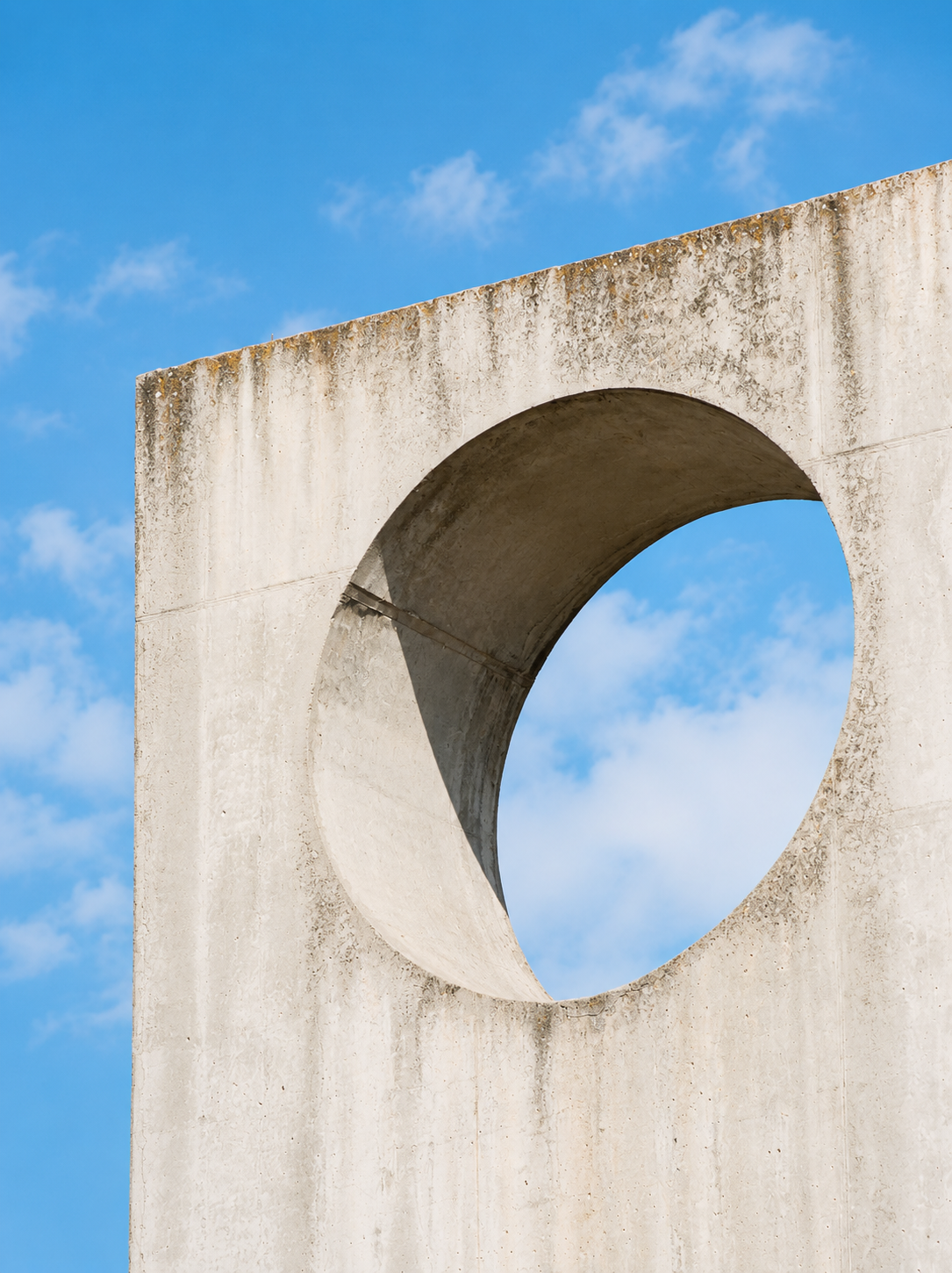 Concrete structure with a large circular hole, blue sky with few clouds in the background.