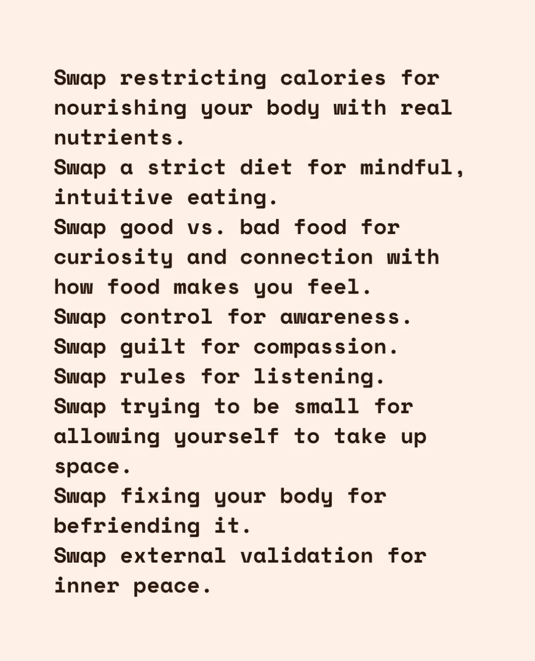 Freedom around food begins when you stop trying to control it and start listening to your body instead. ✨

I highly recommend a book by Jenna Hollenstein called EAT TO LOVE. Beautifully written, super well explained and really understandable to why w