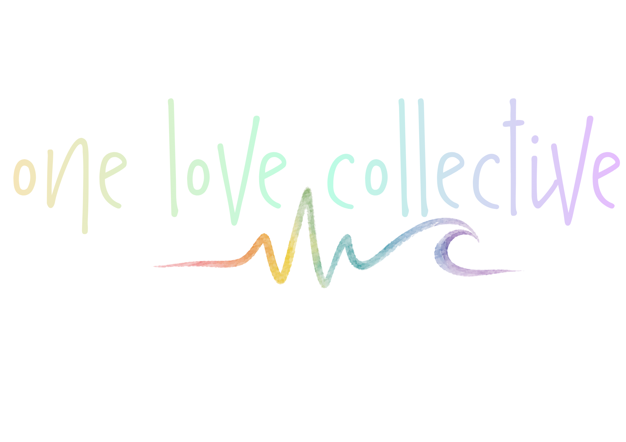 Text that reads 'one love collective' in pastel rainbow colors with a rainbow-colored heartbeat line underneath.