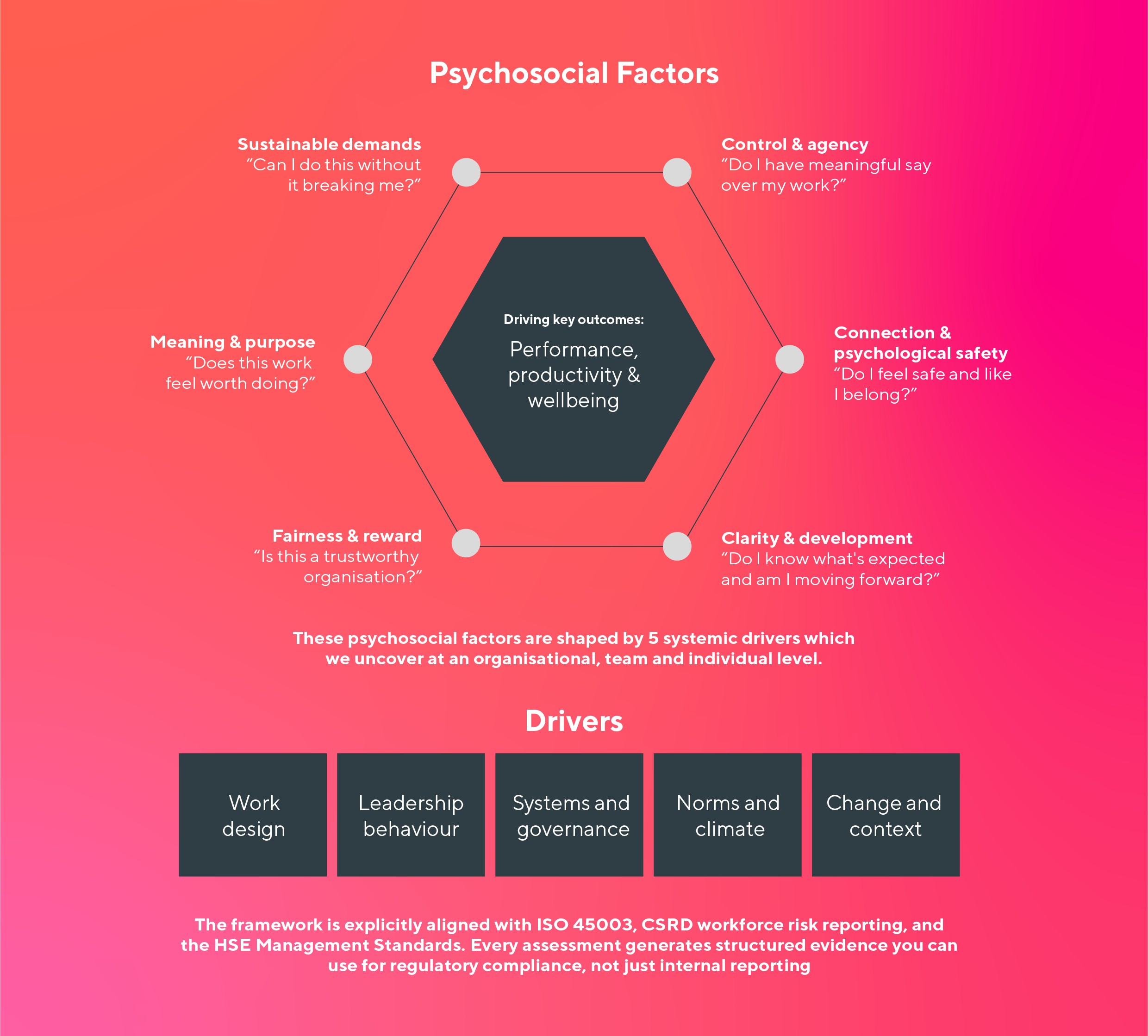 Diagram of psychosocial factors affecting organizational performance, including areas like work design, leadership, systems and governance, norms and climate, and change and context, with associated questions for assessment.