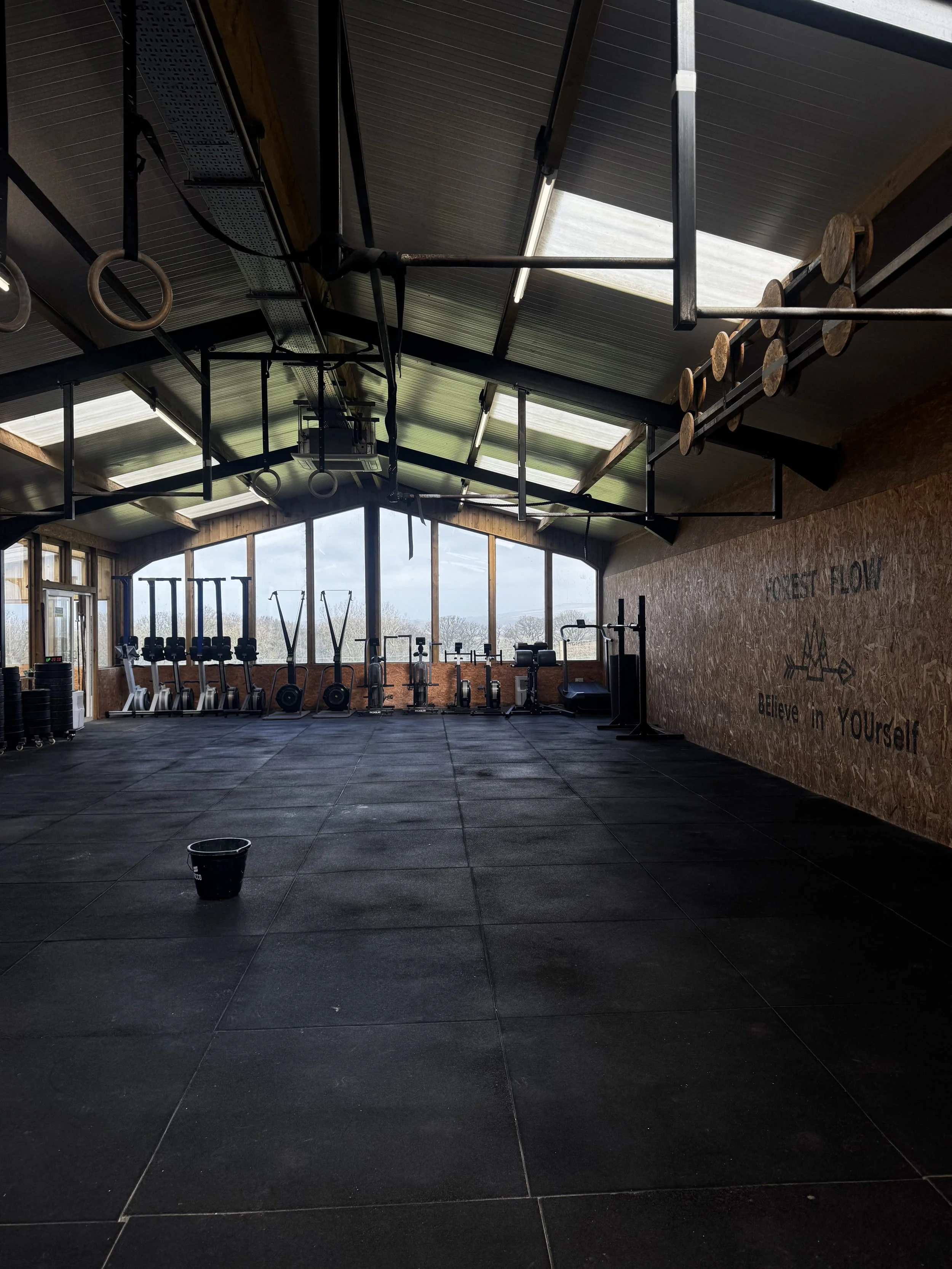 Interior of a gym with black rubber flooring, various gym equipment, and large windows with a view outside. The ceiling has exposed beams and hanging gym rings.